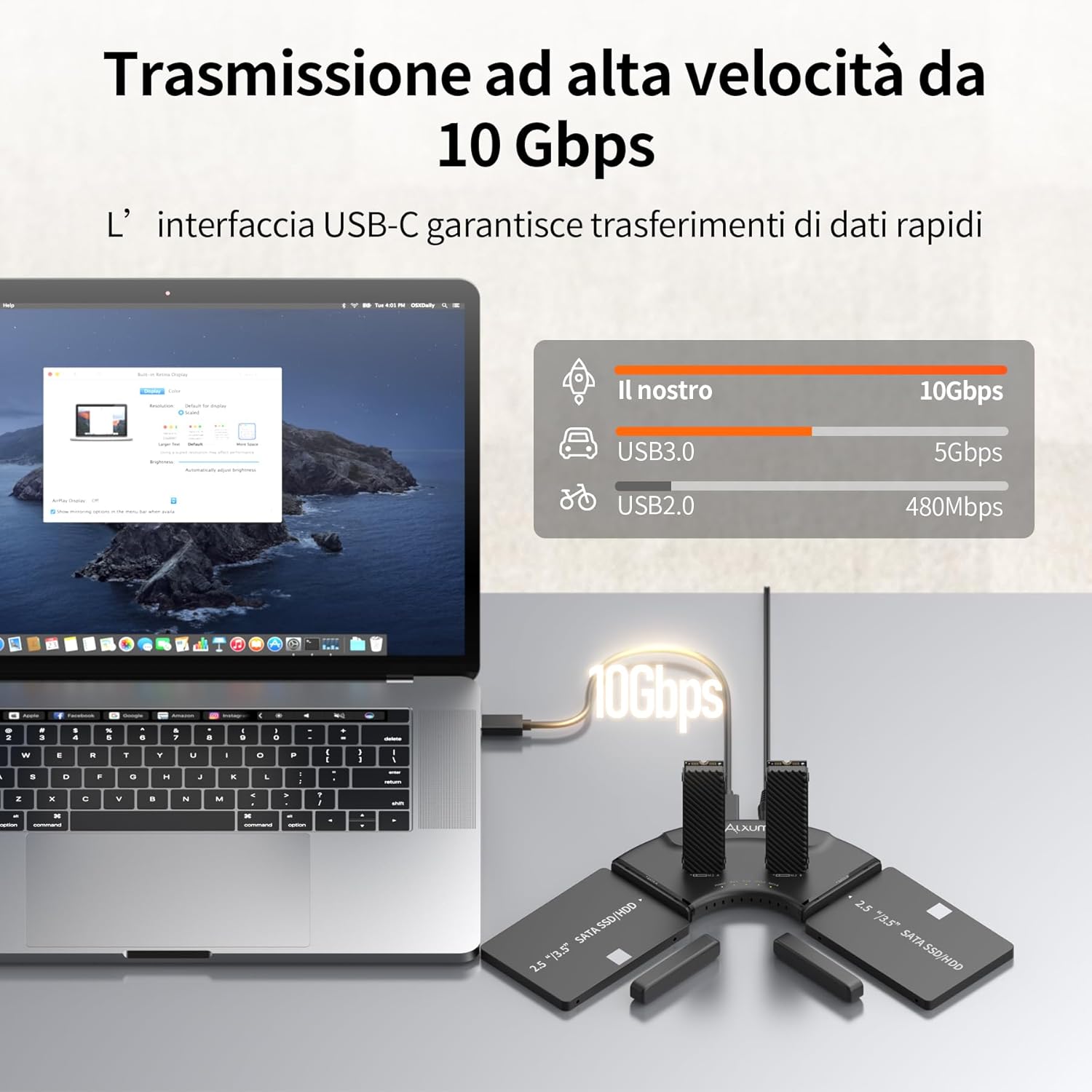 Alxum Adattatore USB 3.0 a M.2/SATA 4 Bay Doppia PCIE NVMe - immagine 3