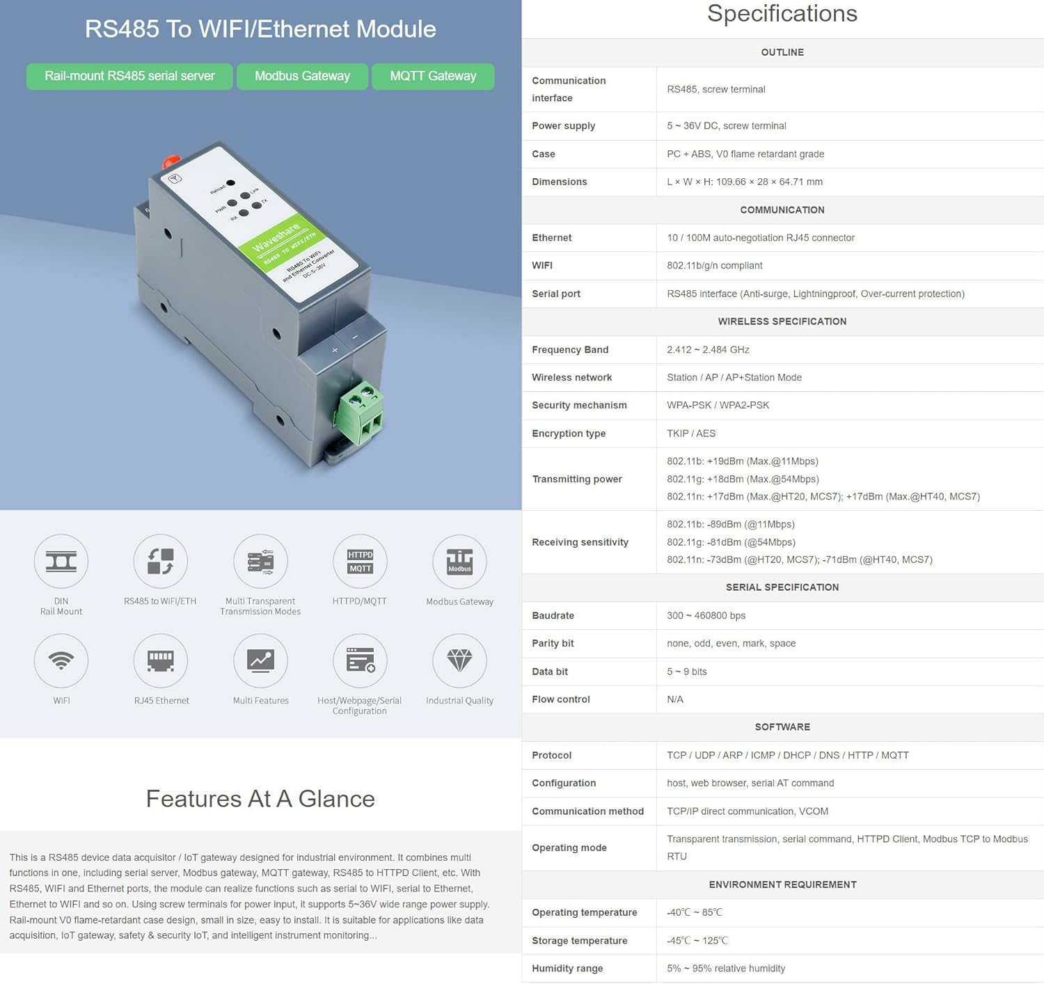 Waveshare RS485 to WiFi/Ethernet Module - Serial Server - immagine 3