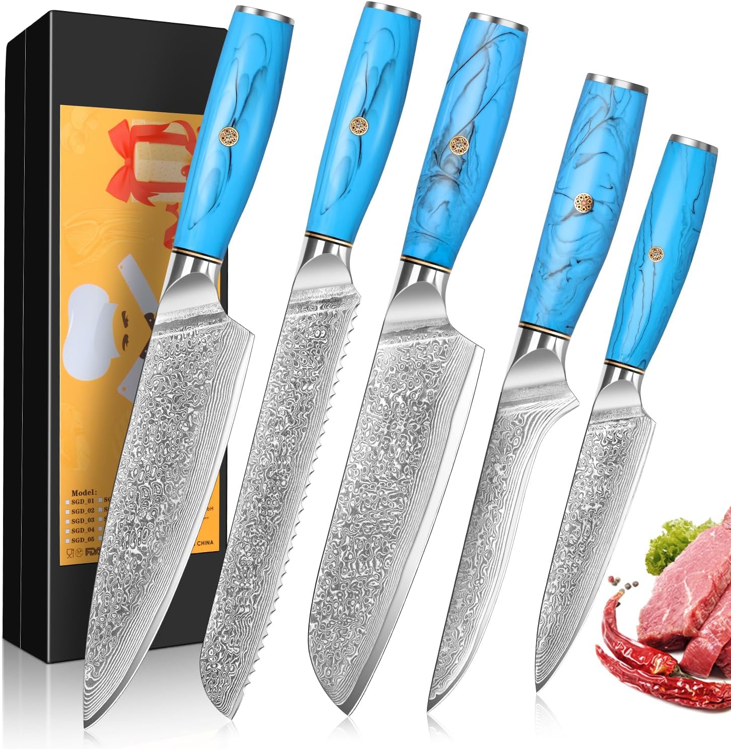 Set Coltelli da Cucina Damasco 5 Pezzi VG-10 - immagine 1