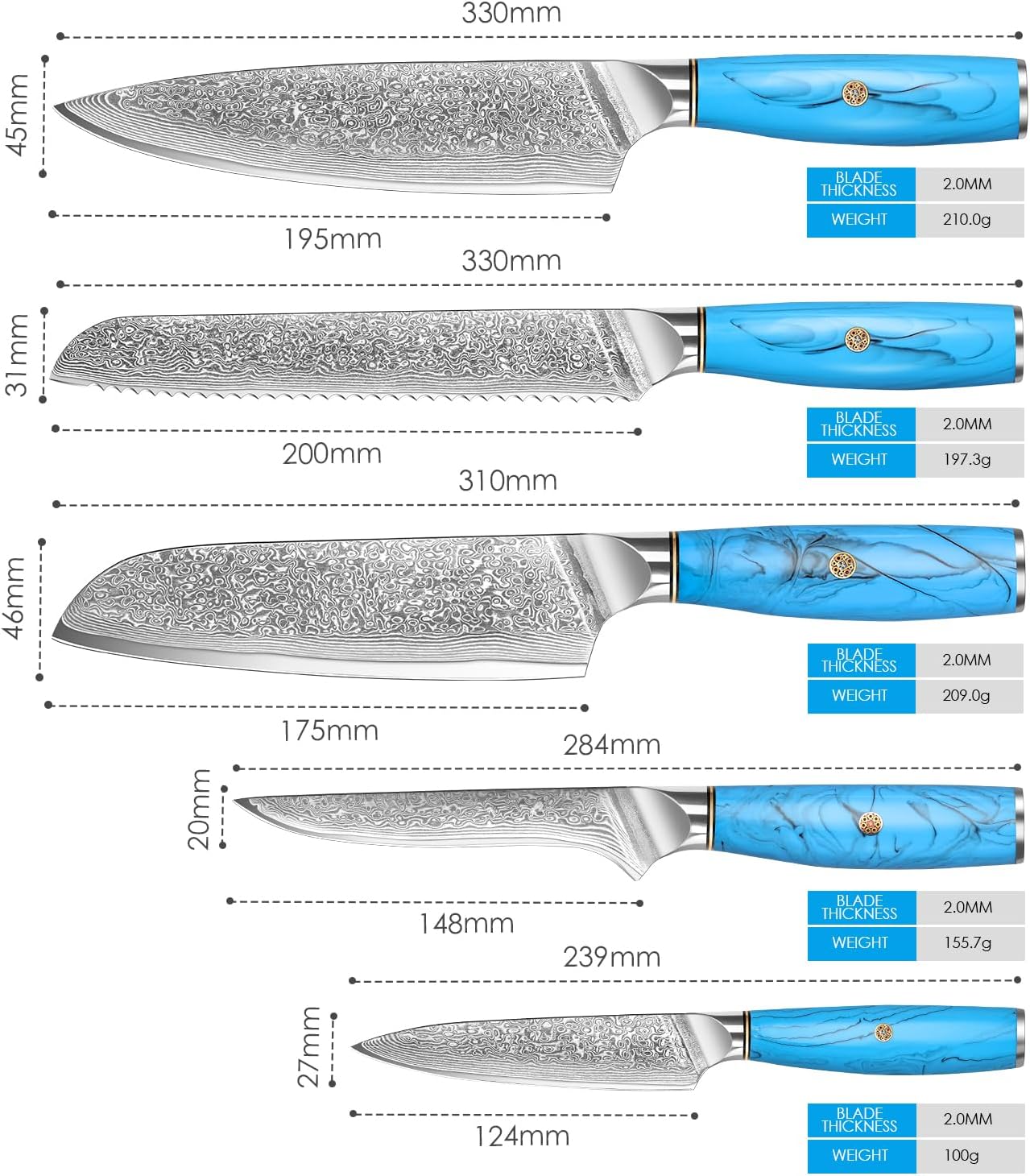 Set Coltelli da Cucina Damasco 5 Pezzi VG-10 - immagine 2
