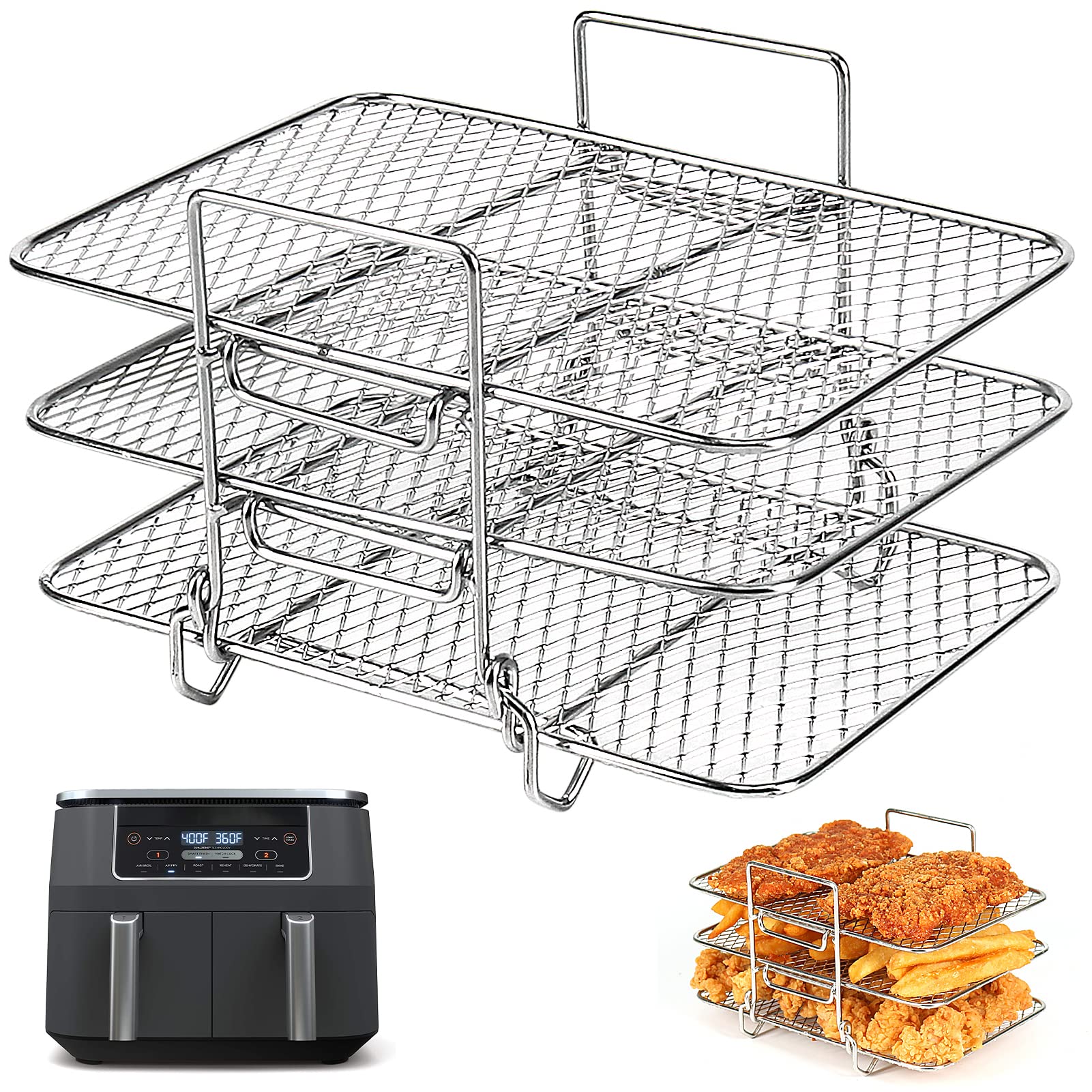 BYKITCHEN Griglia per friggitrice ad aria per Ninja Dual, griglia a tre strati in acciaio inox, accessori per friggitrice ad aria AF300UK AF400UK, griglia per friggitrice a doppio cassetto Ninja