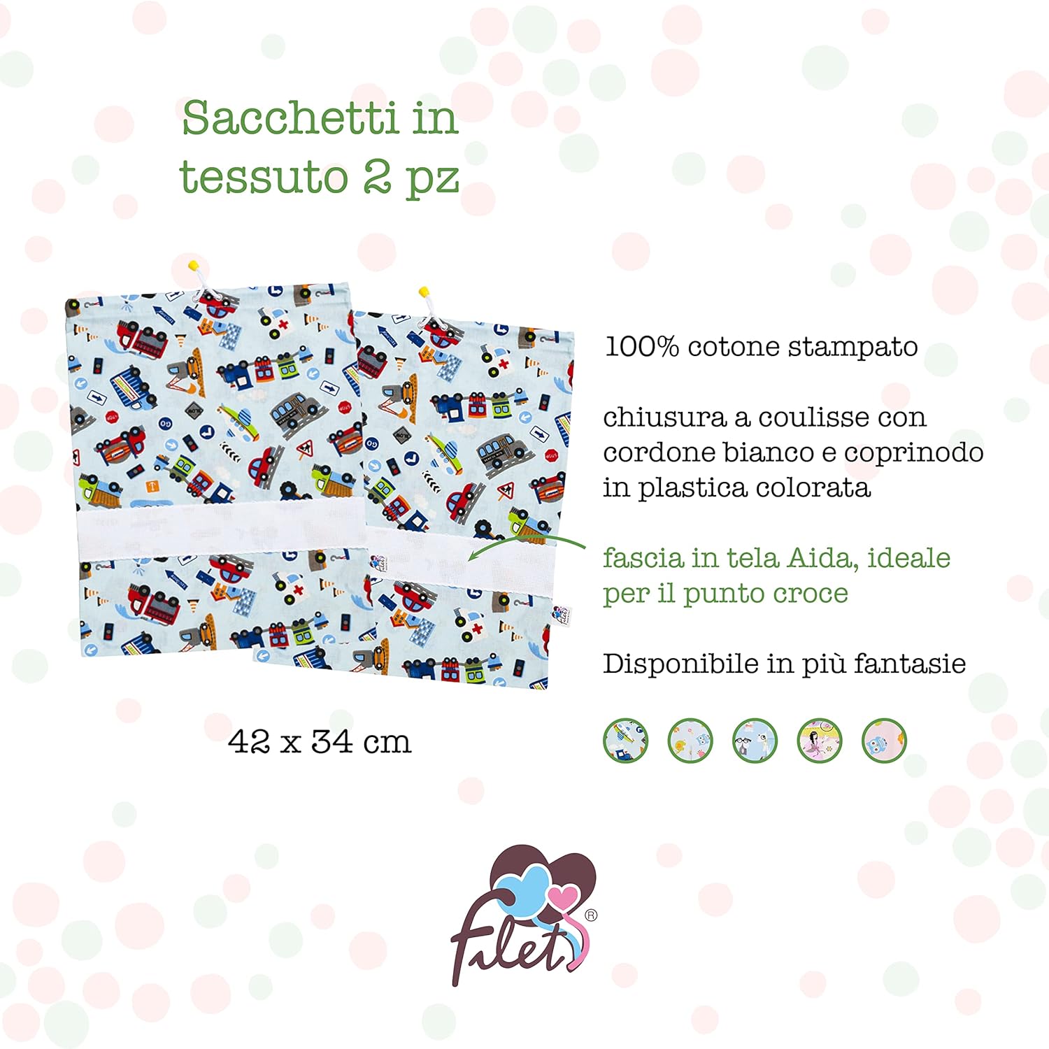Filet - Set 2 Sacchetti Asilo in Cotone Stampato - immagine 2