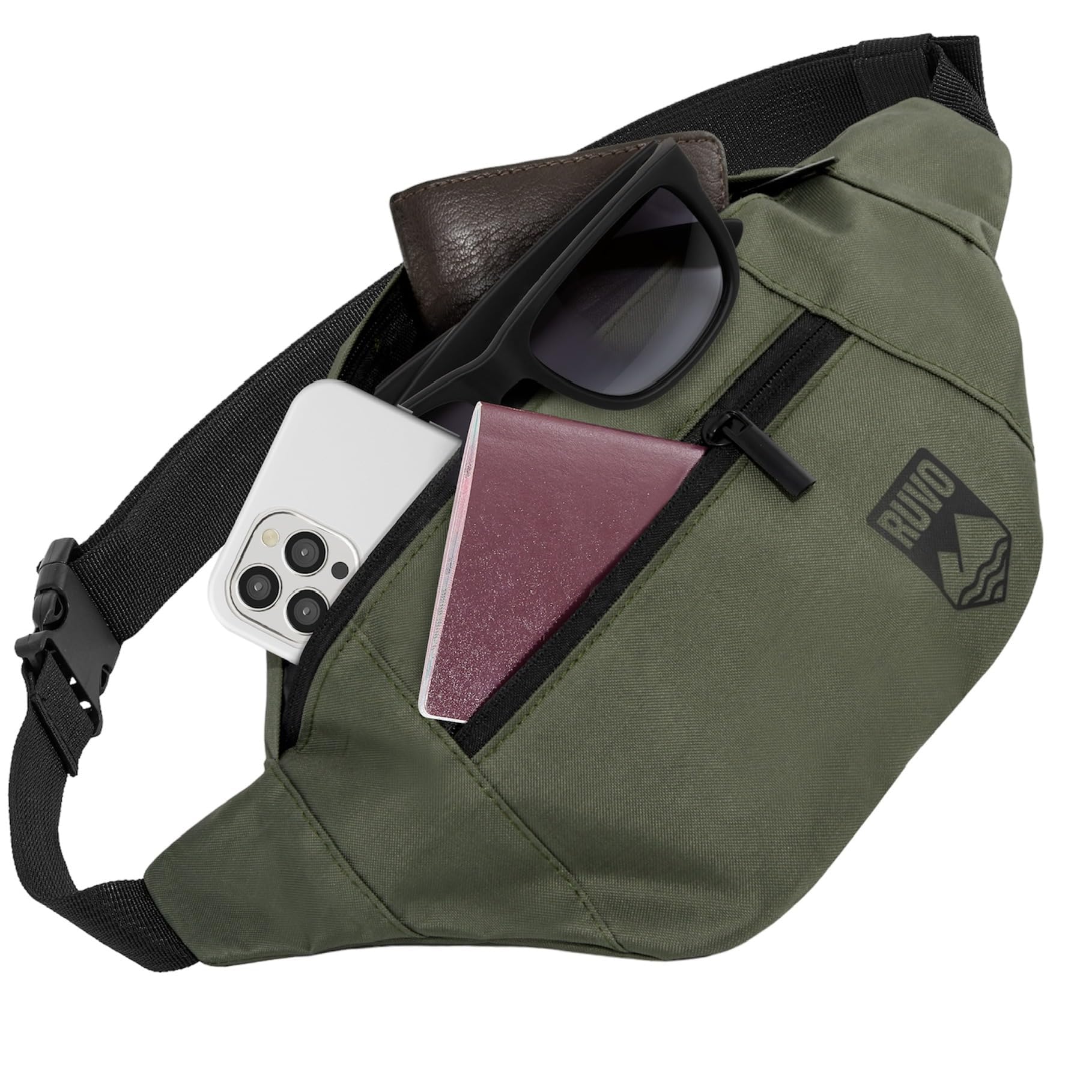 RUVO® Marsupio da Cintura Uomo e Donna | Elegante Marsupio con Massima Capacità di Stoccaggio | 4 Scomparti con Chiusura a Zip | Adatto per Tutte le Attività, oliva, taglia unica