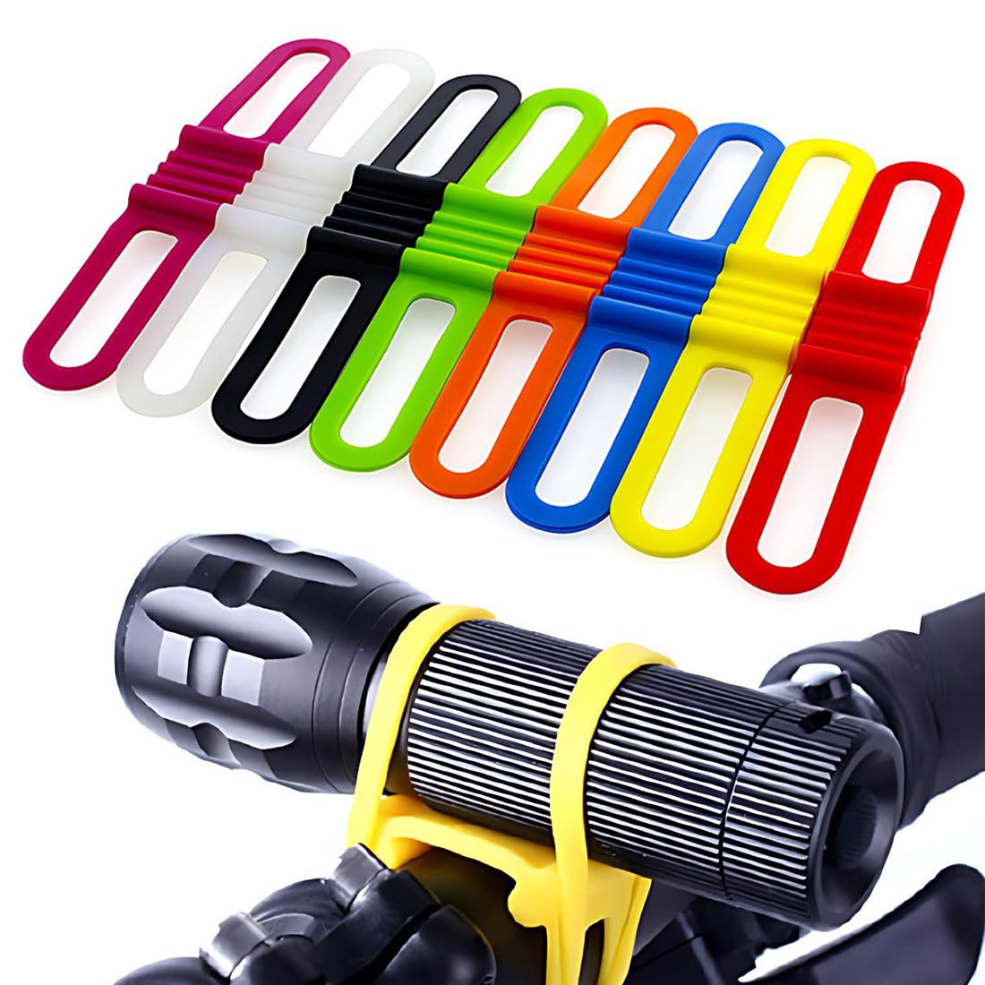 8 Pezzi Banda da Bicicletta Cinghia Elastica in Silicone Supporto Fascia per Manubrio per Fissare Torcia, Telefono, Altoparlante(8 Colori)