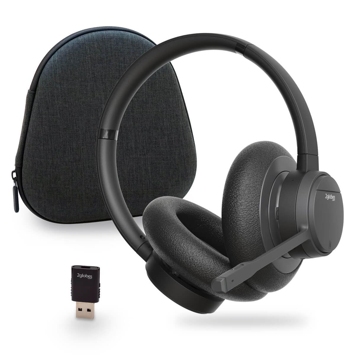 2globes Ibrido X: cuffie DECT e Bluetooth dal design danese con ANC ed ENC, con dongle USB A e custodia rigida, si abbina perfettamente a PC e dispositivi mobili, portata fino a 150 metri, nero.