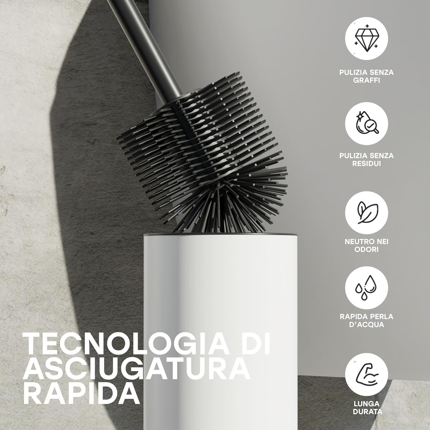 Scopino WC in Acciaio Inox e Silicone con Supporto, Bianco - immagine 5