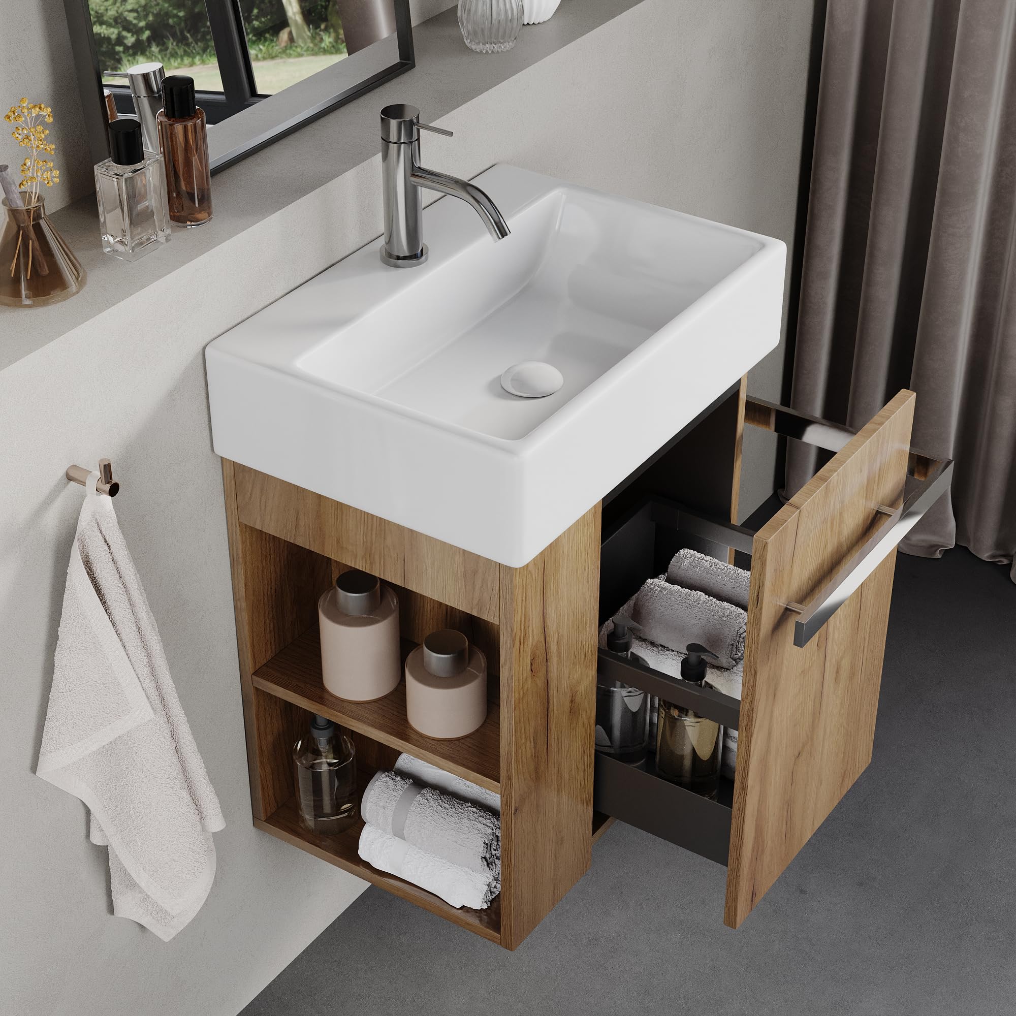 Mobiletto Bagno 50cm con Lavabo in Ceramica, European Oak