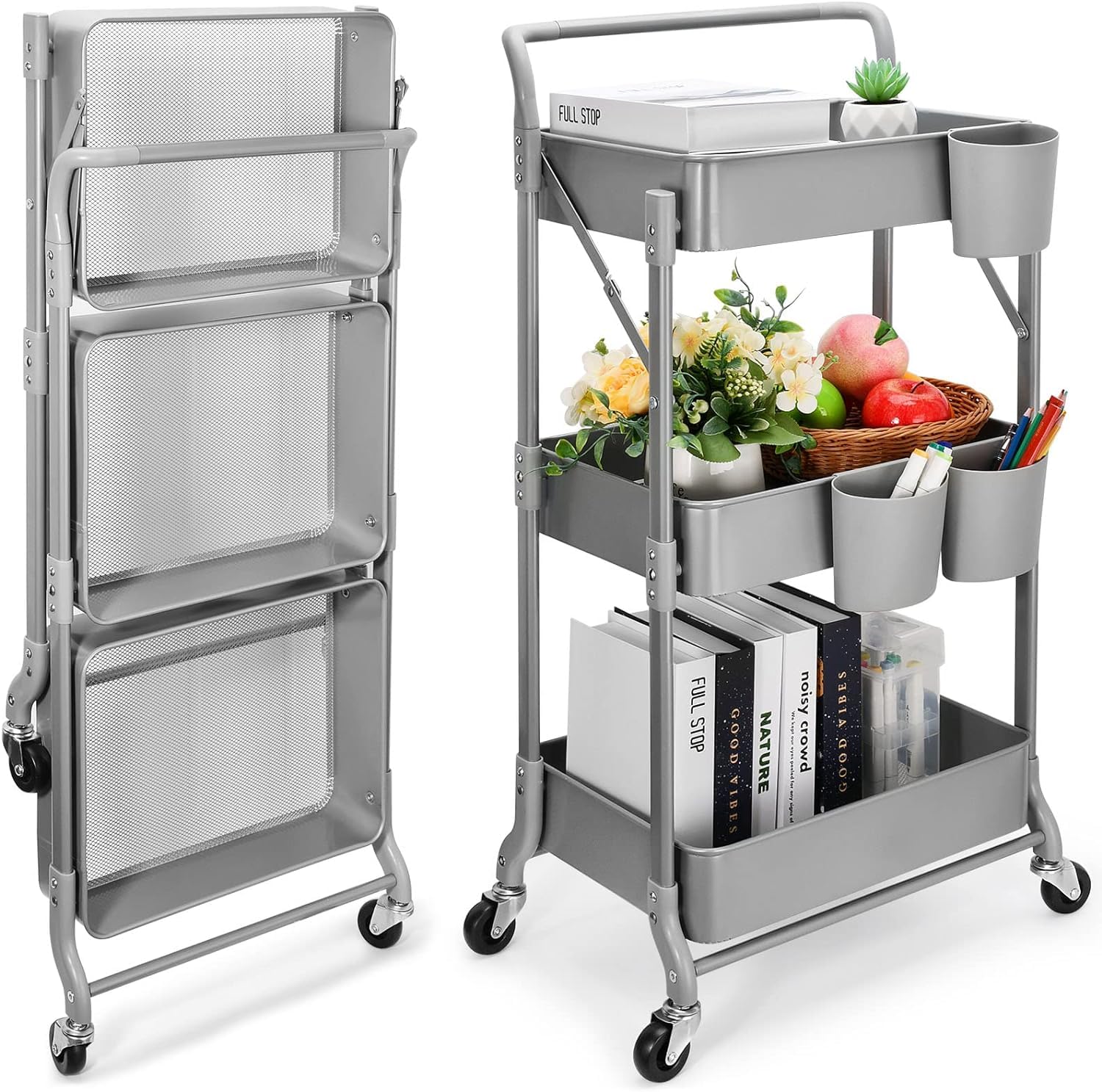 Carrello da Cucina Pieghevole a 3 Livelli Grigio