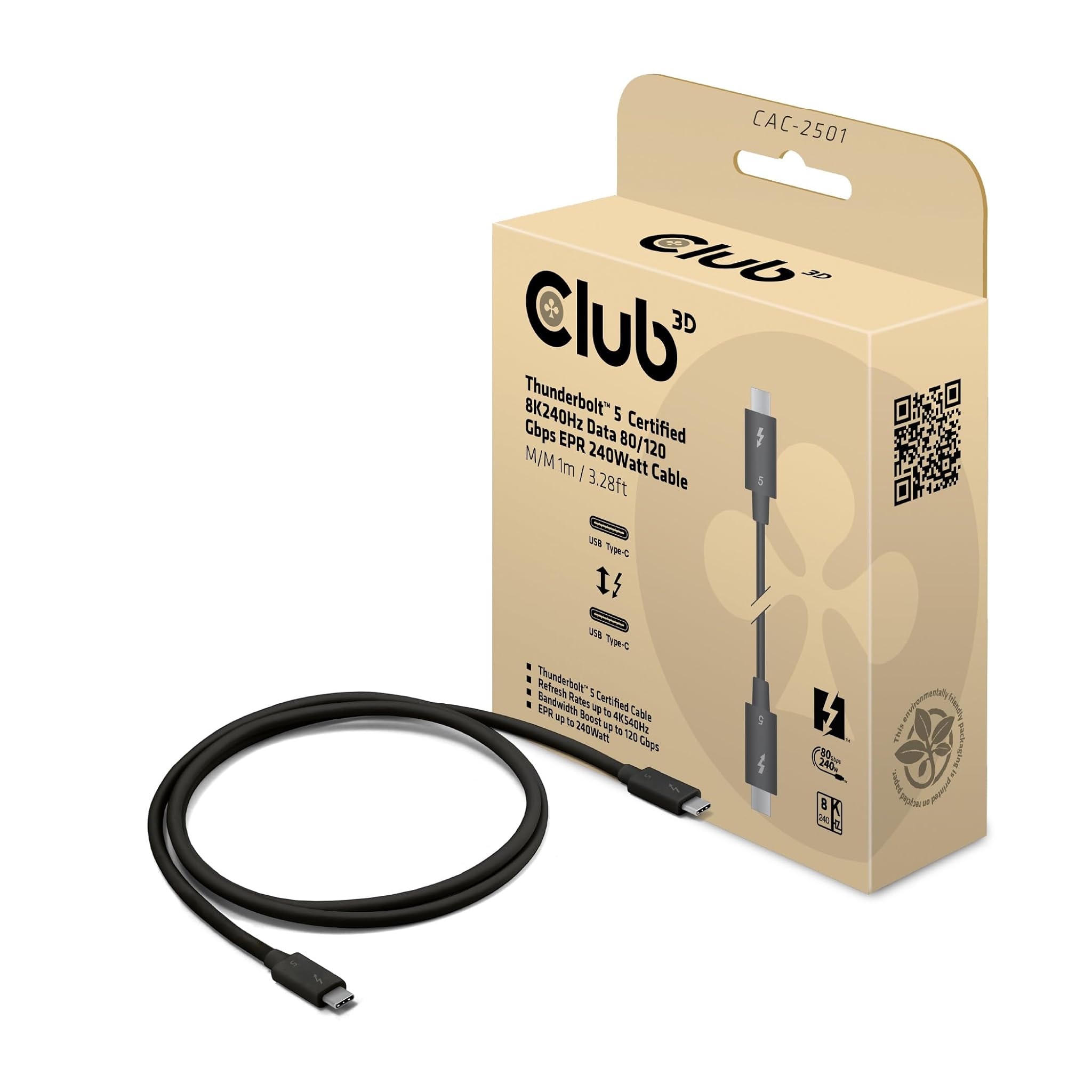 Club 3D CAC-2501 Thunderbolt™ 5 Cavo 8K240Hz 80/120Gbps EPR 240Watt M/M 1m