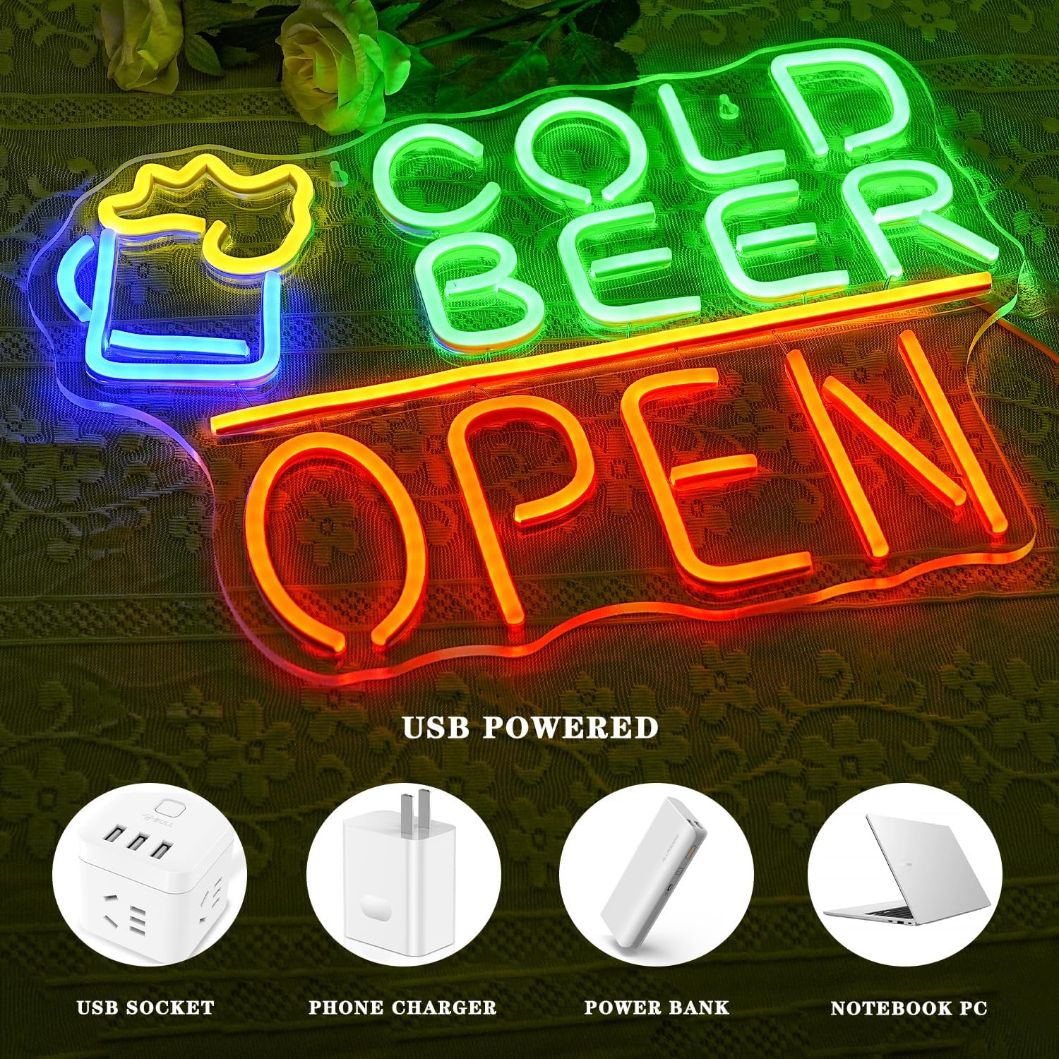Lmsignly Cold Beer Neon Sign Open LED - immagine 3