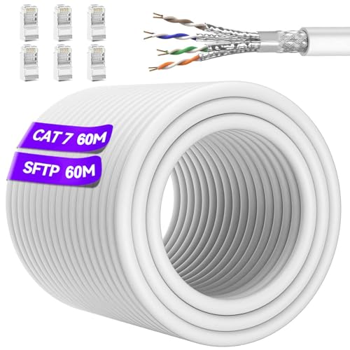 Soibke Cavo Ethernet Cat 7 Schermato S/FTP 60 Metri, Bianco