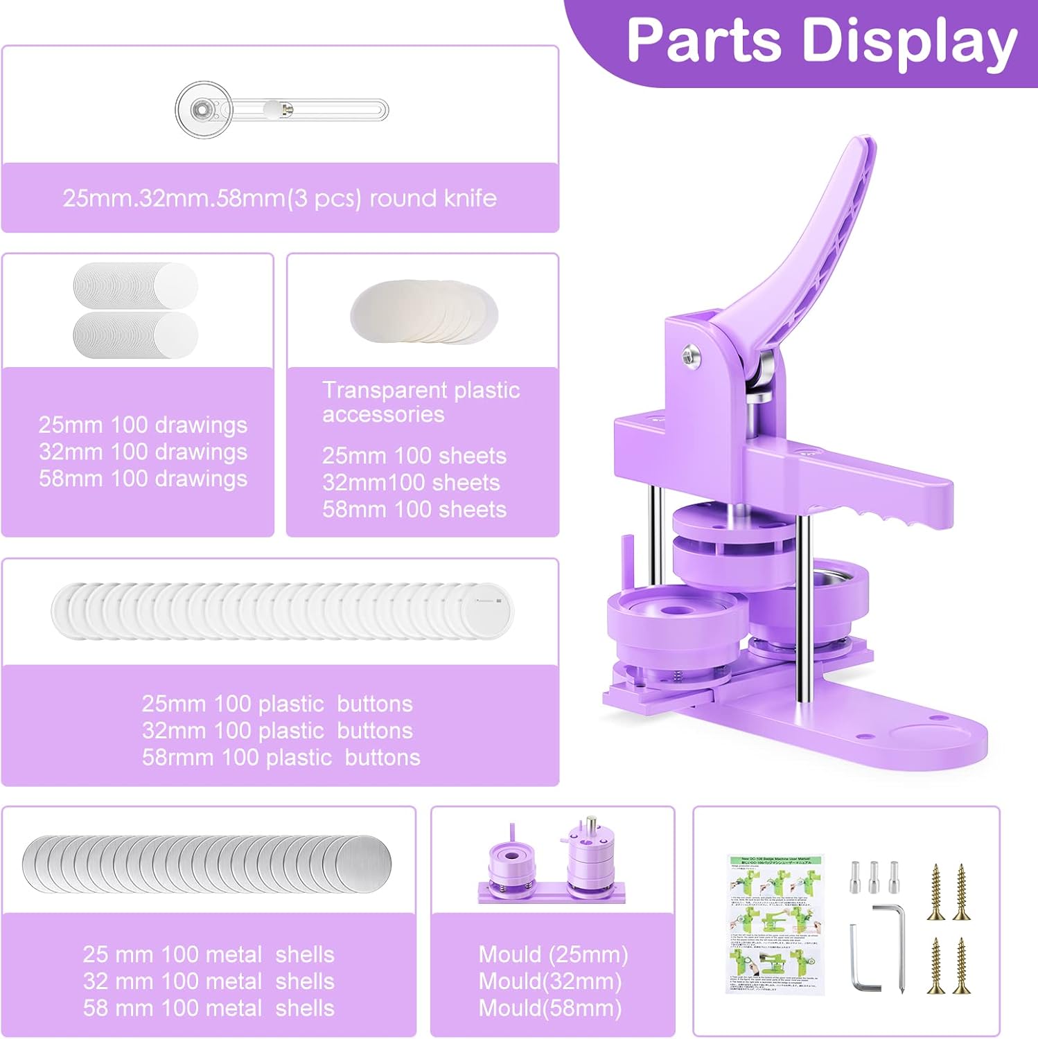 Zimiking Button Maker Badge Machine 25+32+58mm, Viola - immagine 3