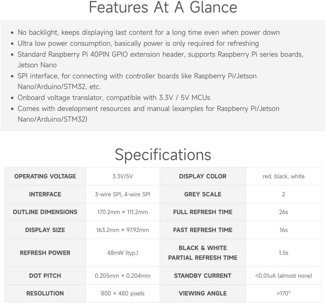 Waveshare 7.5inch E-Paper Display HAT (B) 800x480 - immagine 4