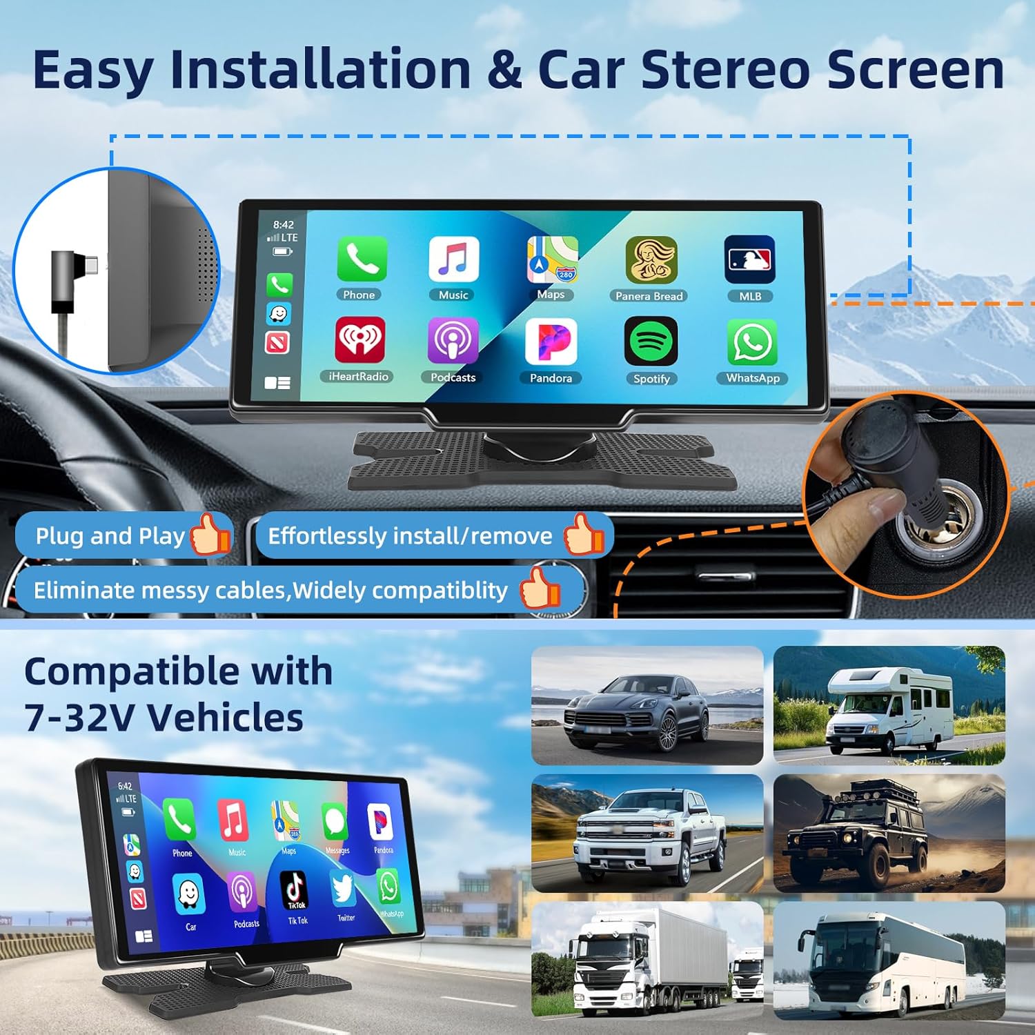 Motorsi Autoradio Portatile Wireless Carplay Android Auto 9,3" - immagine 7