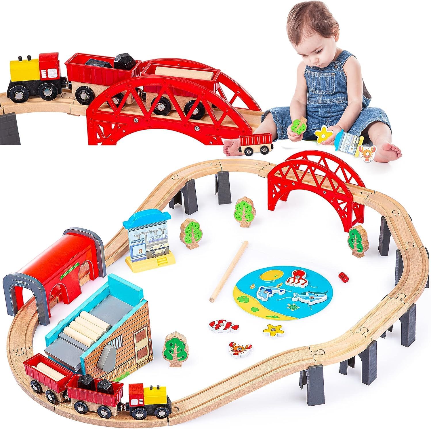 Kinderplay Trenino Legno Bambini - Set Ferrovia 48 pcs - immagine 1