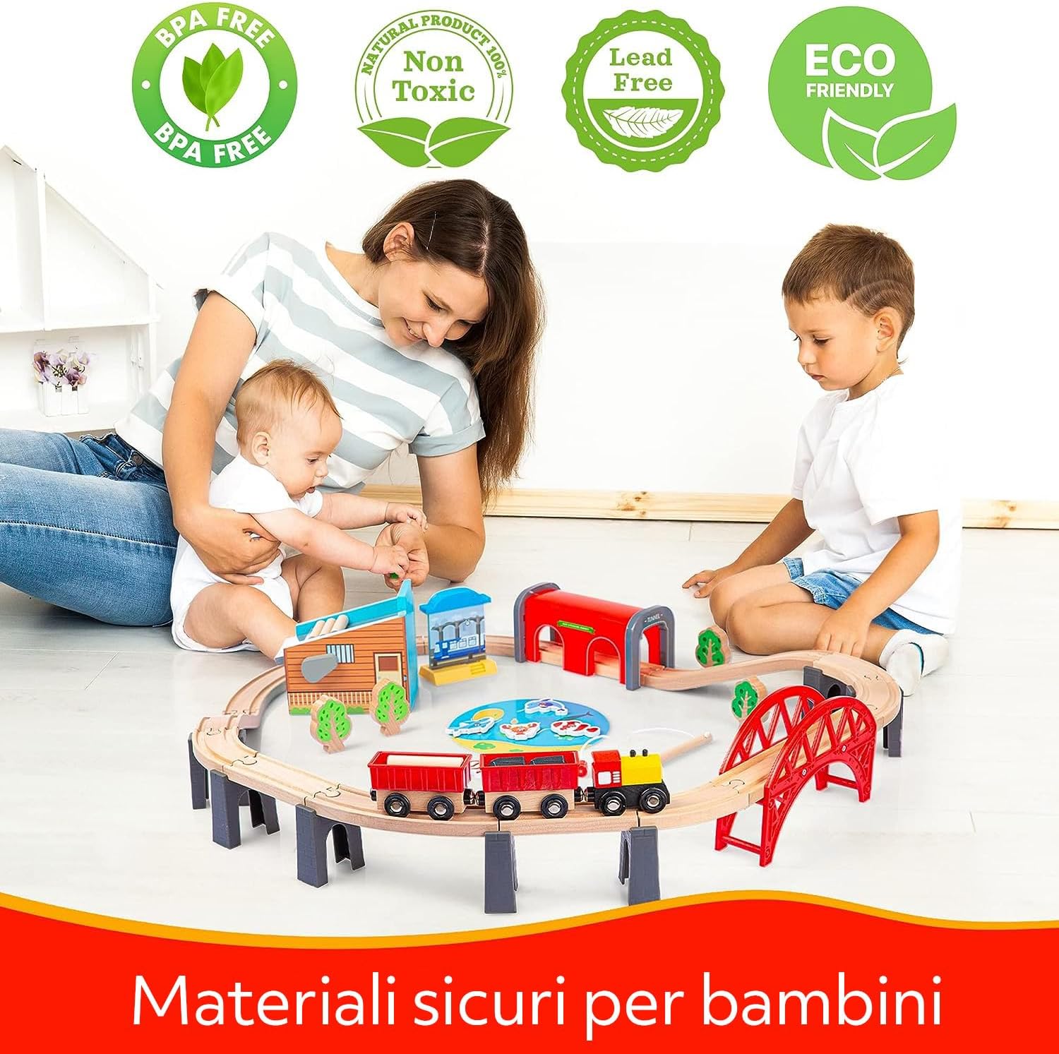 Kinderplay Trenino Legno Bambini - Set Ferrovia 48 pcs - immagine 2