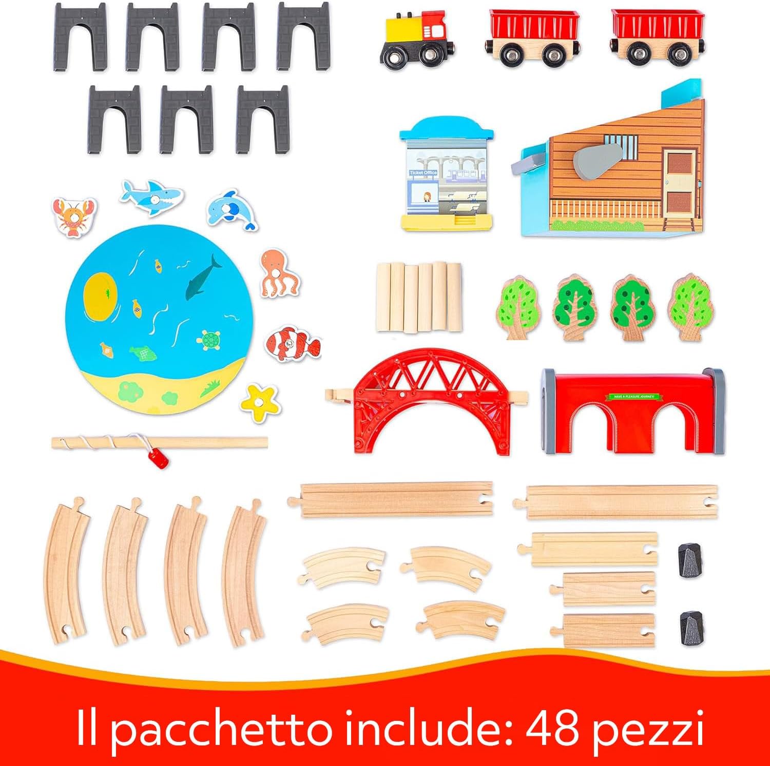 Kinderplay Trenino Legno Bambini - Set Ferrovia 48 pcs - immagine 3