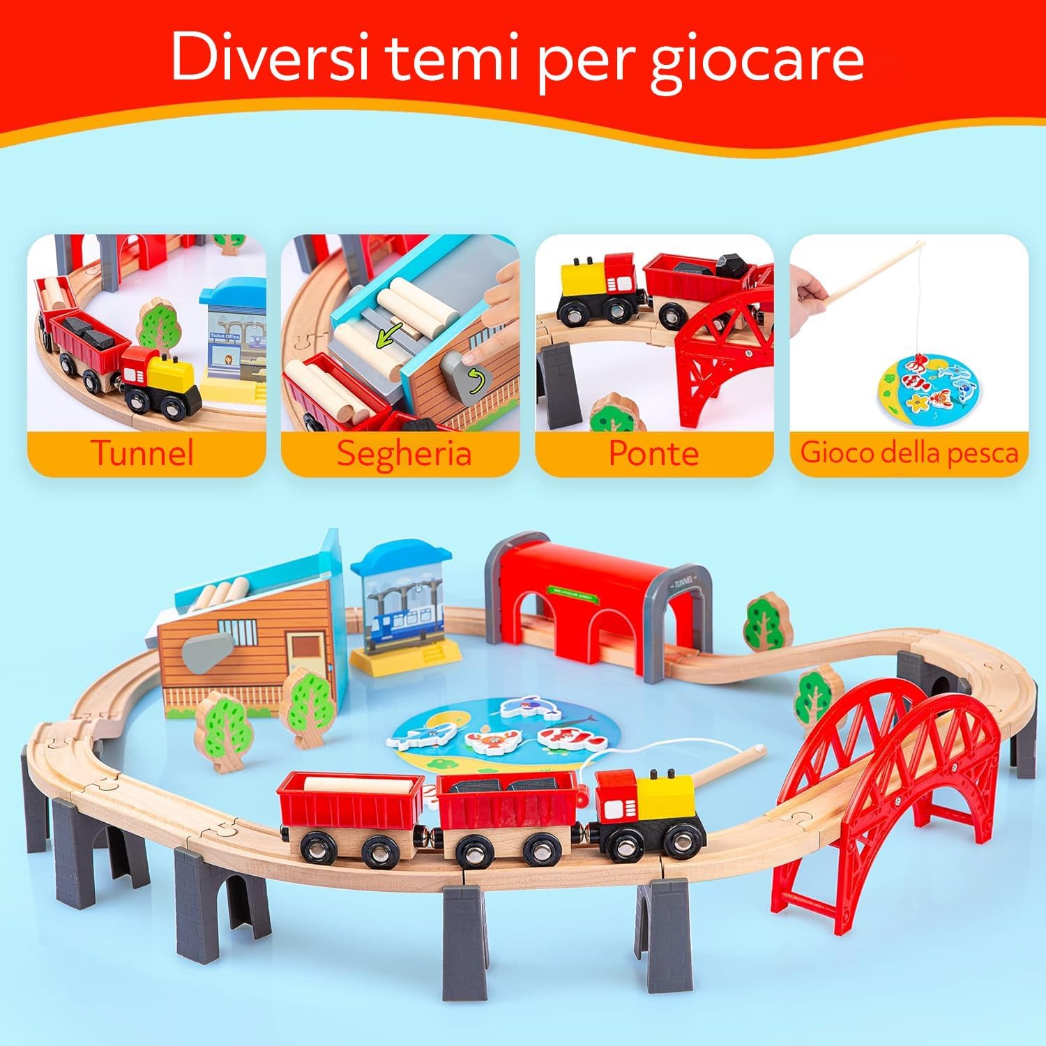 Kinderplay Trenino Legno Bambini - Set Ferrovia 48 pcs - immagine 5