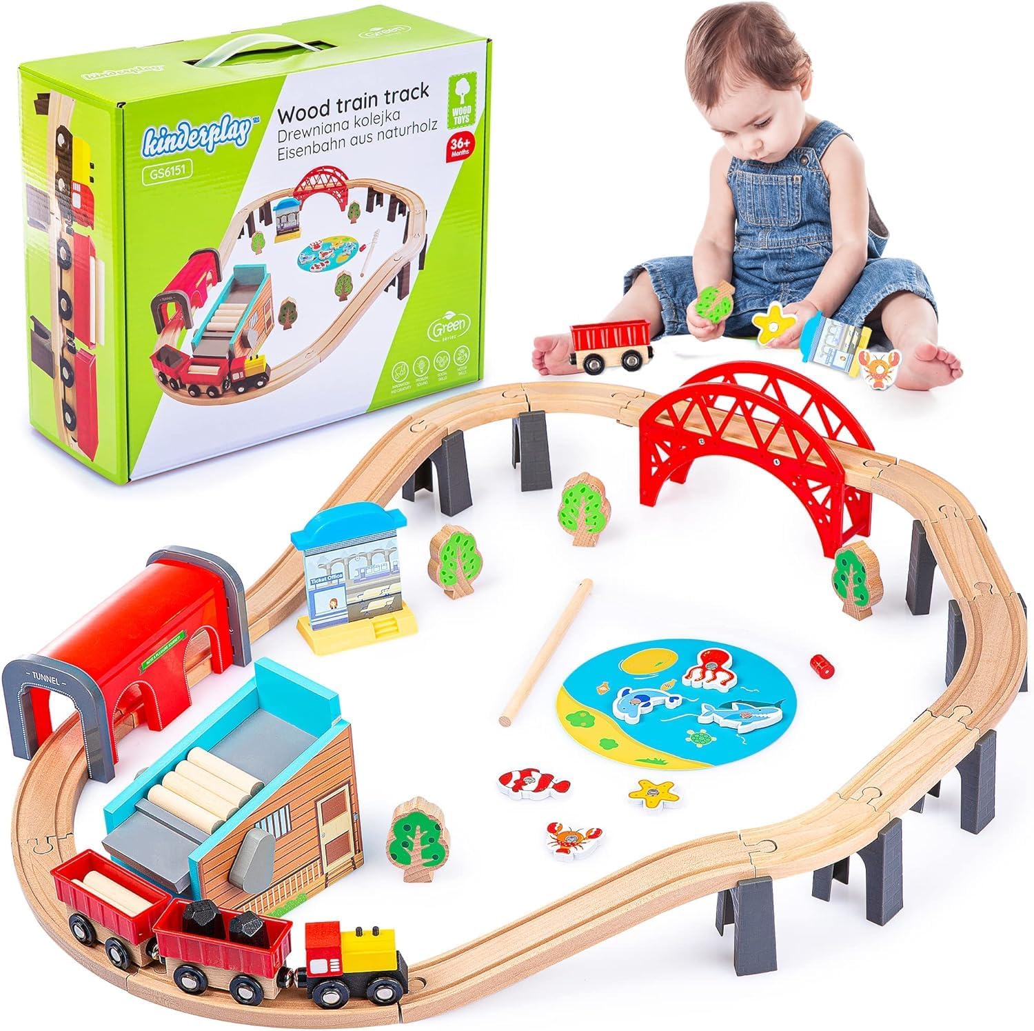 Kinderplay Trenino Legno Bambini - Set Ferrovia 48 pcs - immagine 8