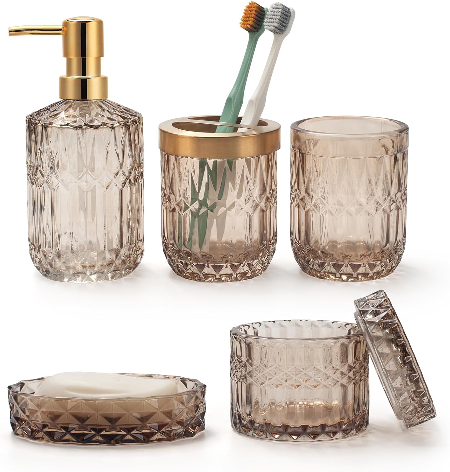 Ivailex Set 5 Accessori Bagno in Vetro Marrone