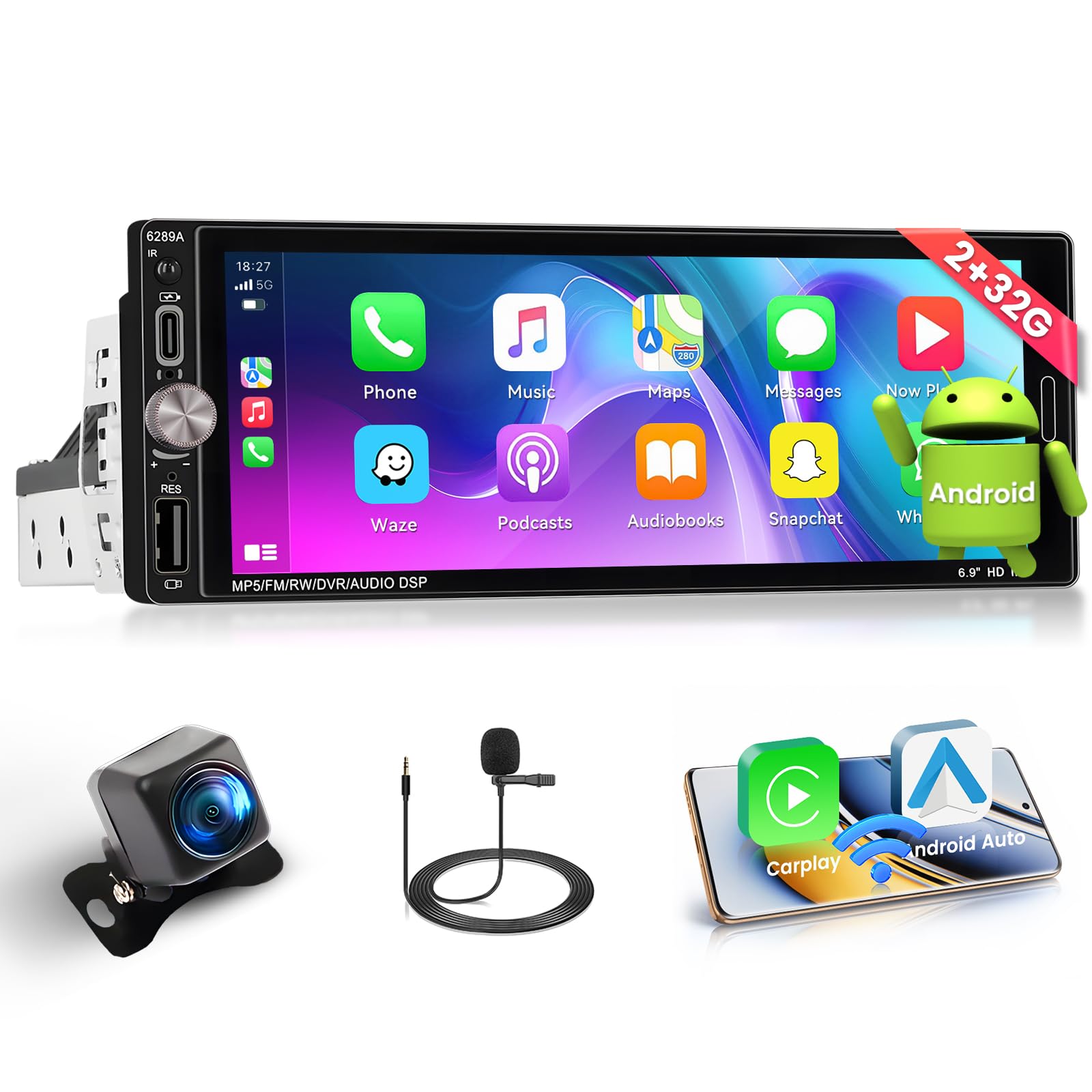 Fuluku 1 Din Android Autoradio 6.9" con Wireless Carplay
