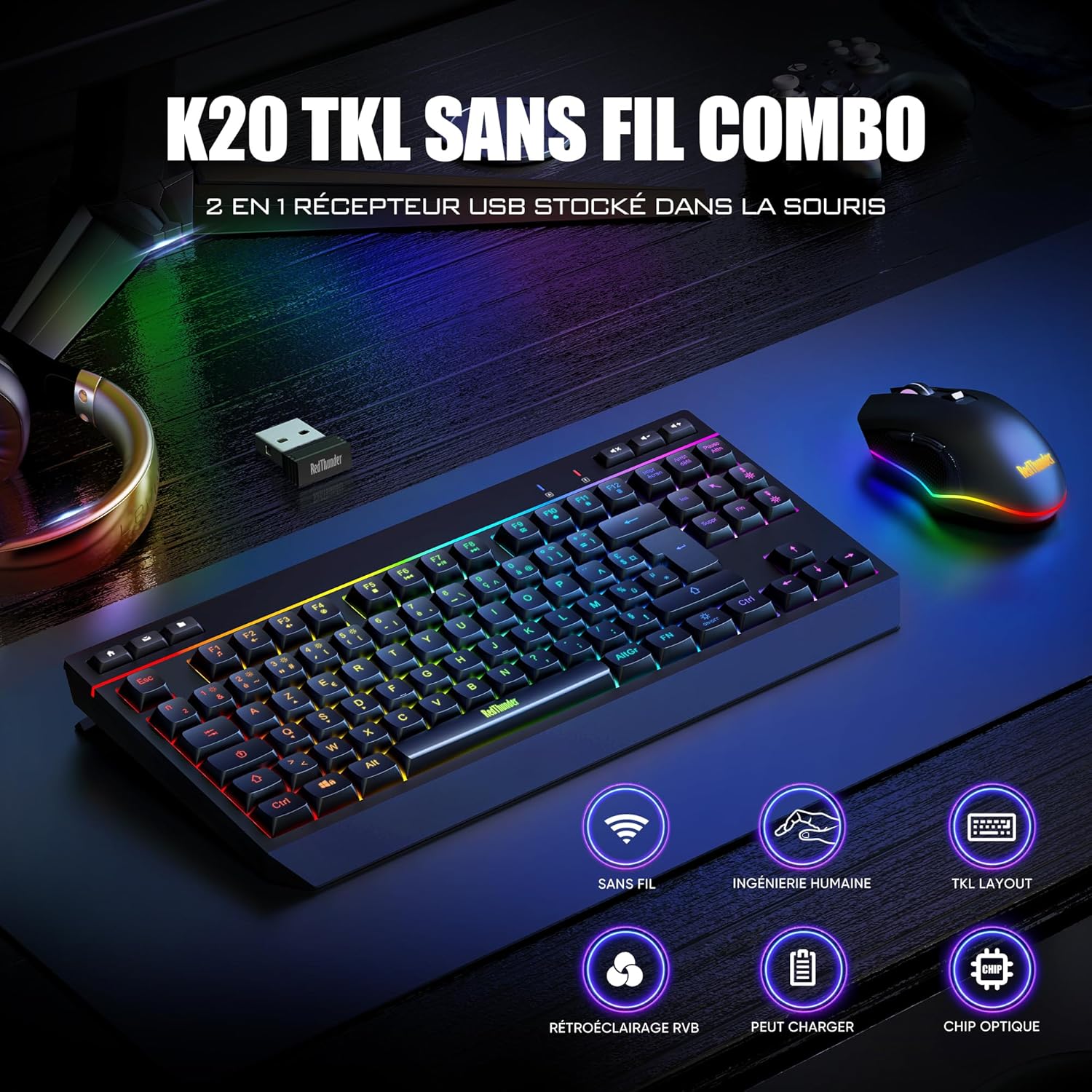 Redthunder K20-TKL - Tastiera e Mouse Wireless AZERTY - immagine 2