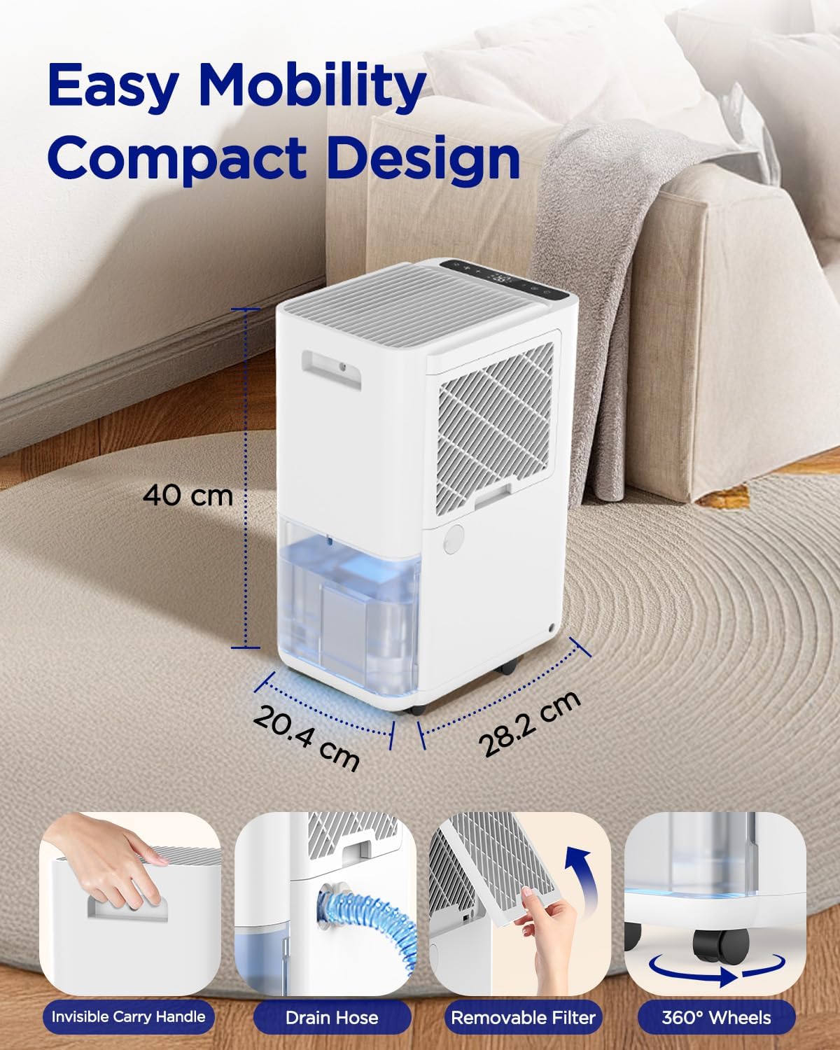 Easyacc Deumidificatore Casa Portatile Silenzioso 18L/giorno - immagine 6