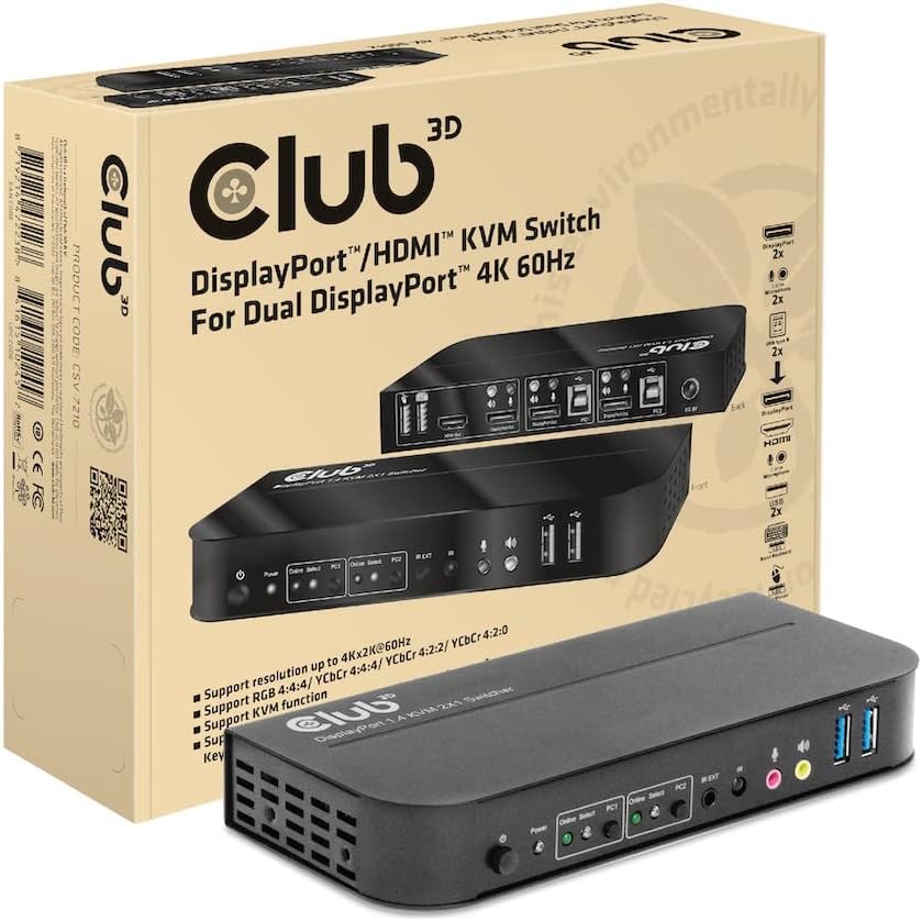 CLUB 3D KVM SWITCH 4K60HZ 2X DP HDMI ODER DP/2XUSB/AUDIO - immagine 1