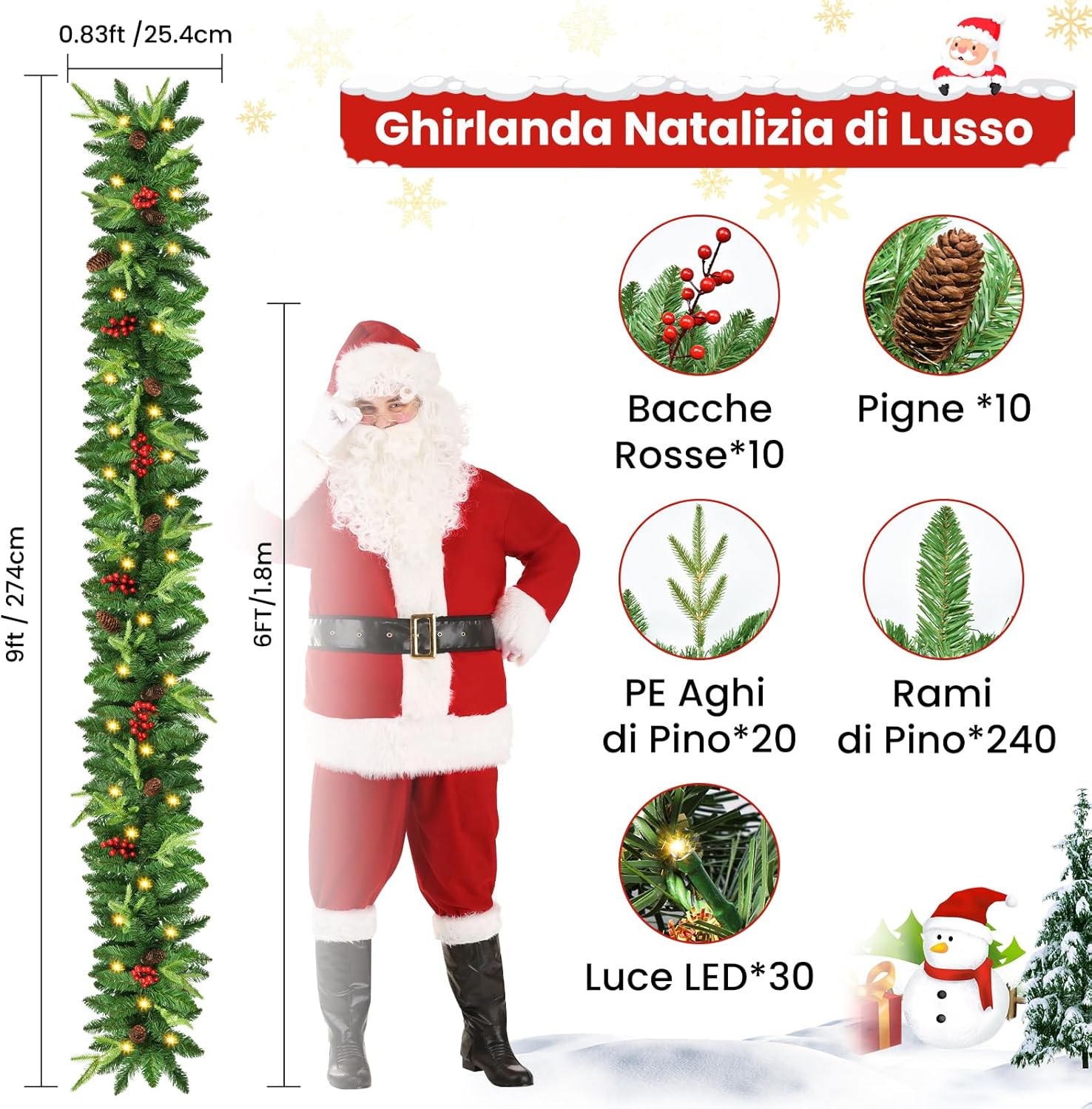 Ghirlanda Natalizia Artificiale 2.7M con 30 Luci LED - immagine 3