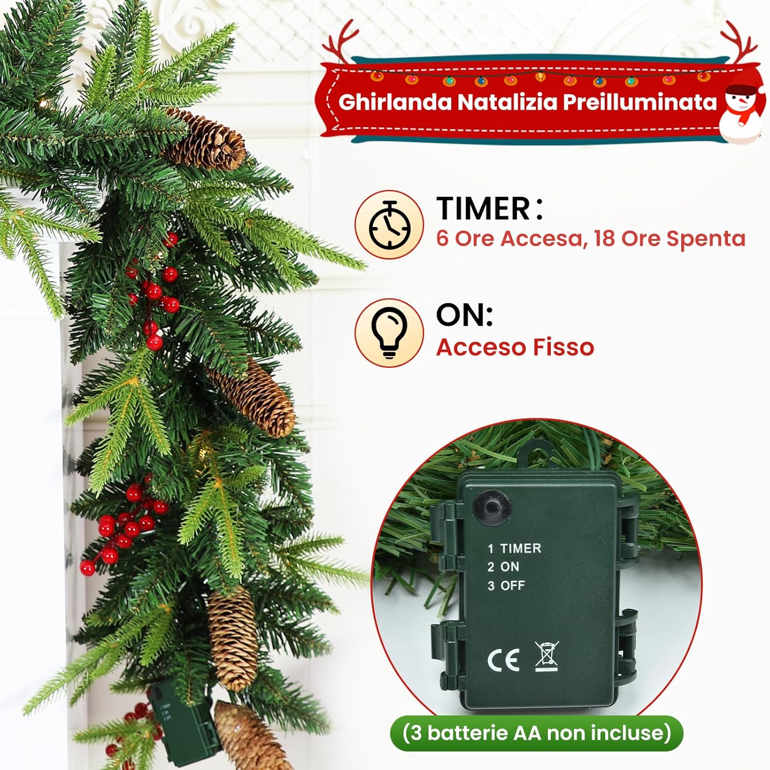 Ghirlanda Natalizia Artificiale 2.7M con 30 Luci LED - immagine 4