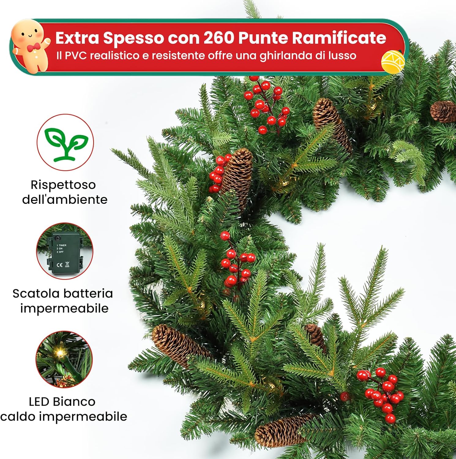 Ghirlanda Natalizia Artificiale 2.7M con 30 Luci LED - immagine 5