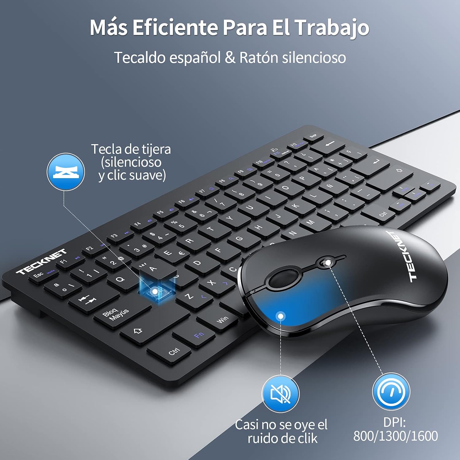 TECKNET Specifiche Spagnole, QWERTY Mini Tastiera e Mouse Wireless - immagine 3