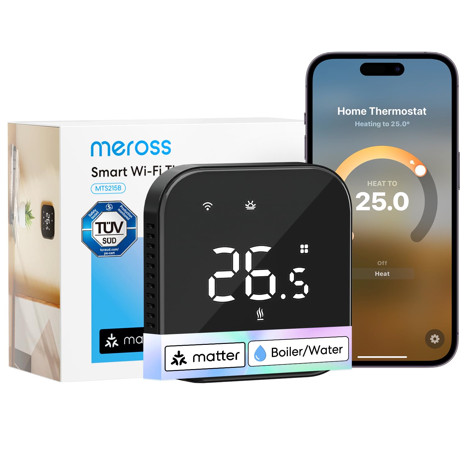 Meross Matter Termostato WiFi Smart Caldaia, Nero