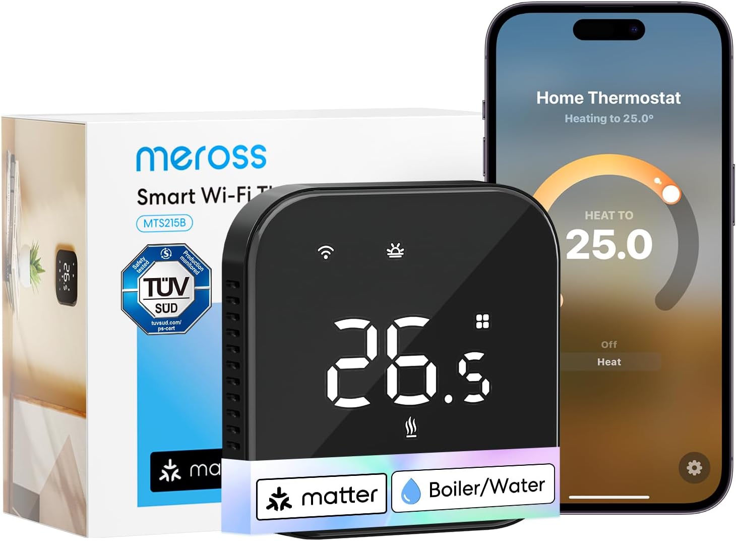 Meross Matter Termostato WiFi Smart Caldaia, Nero - immagine 1
