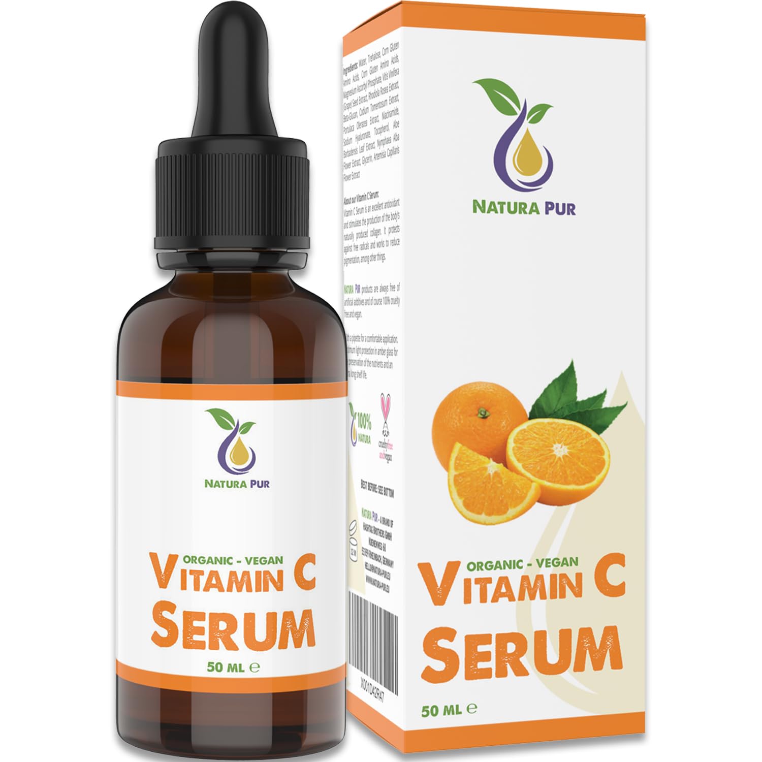 Siero di Vitamina C 50ml, vegan & con Acido Ialuronico - Altamente dosato con il 20% di vitamina C - gel anti-età con olio di semi d'uva nutriente e aloe vera contro le rughe per viso e decolleté