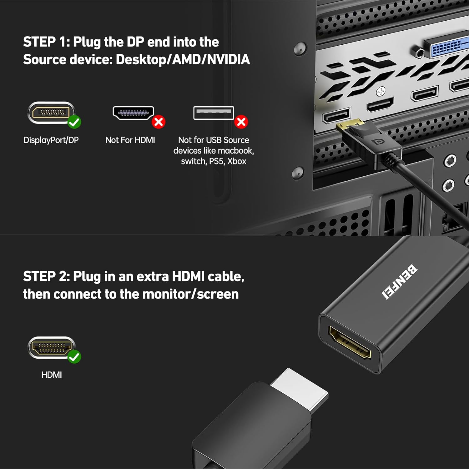 Benfei Adattatore da DisplayPort a HDMI 4K Unidirezionale - immagine 8