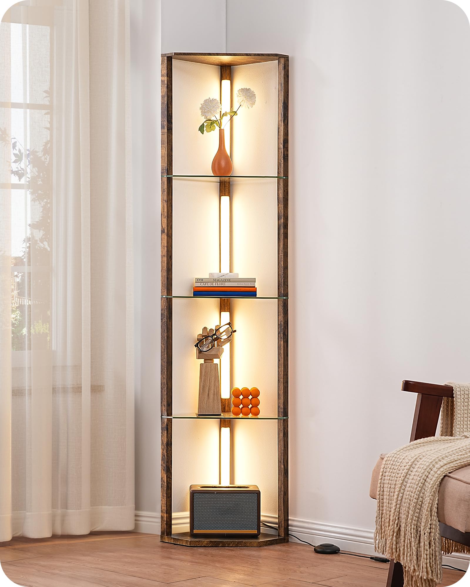 EDISHINE Lampada da Terra con Mensole in Vetro, Nera