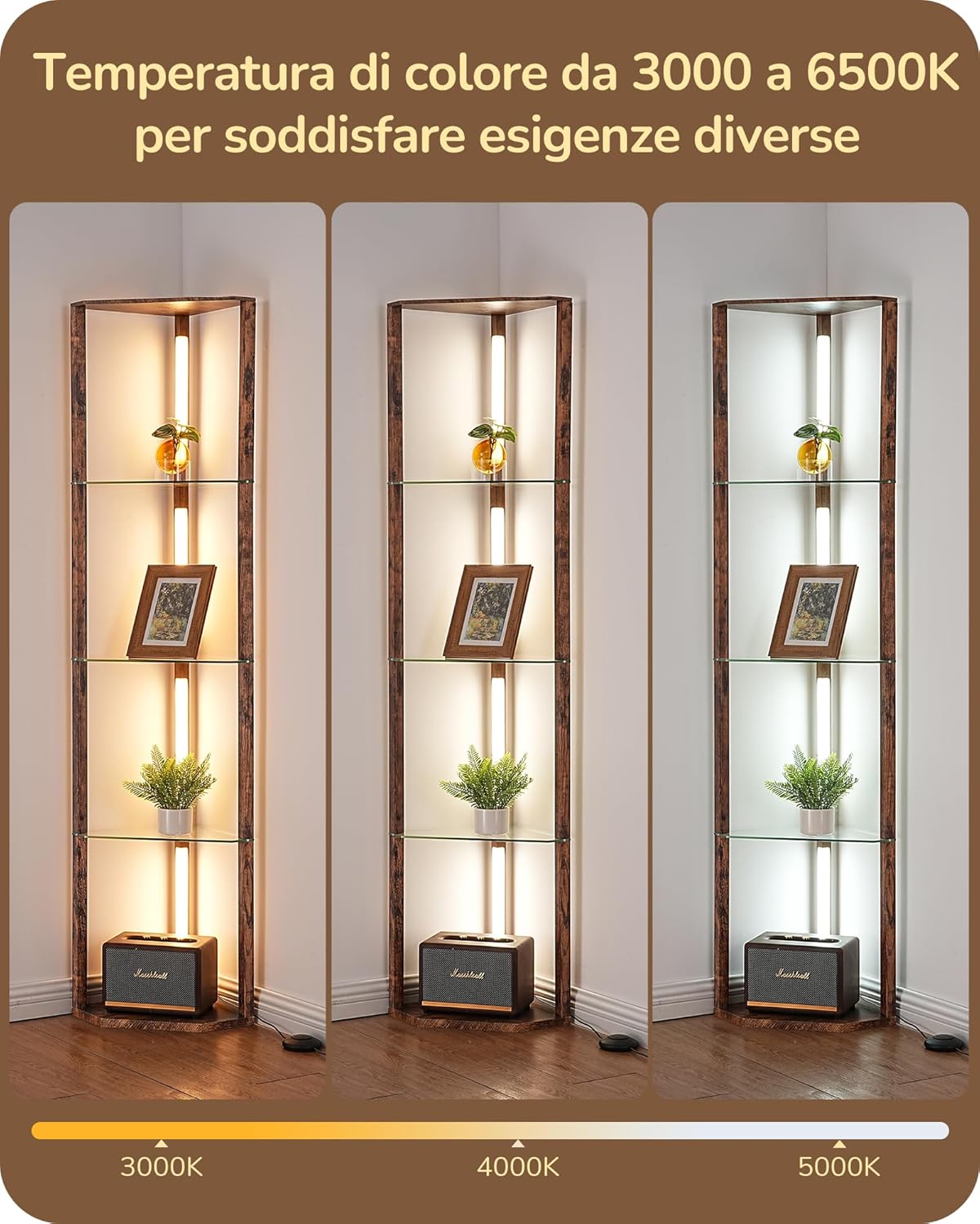 EDISHINE Lampada da Terra con Mensole in Vetro, Nera - immagine 2