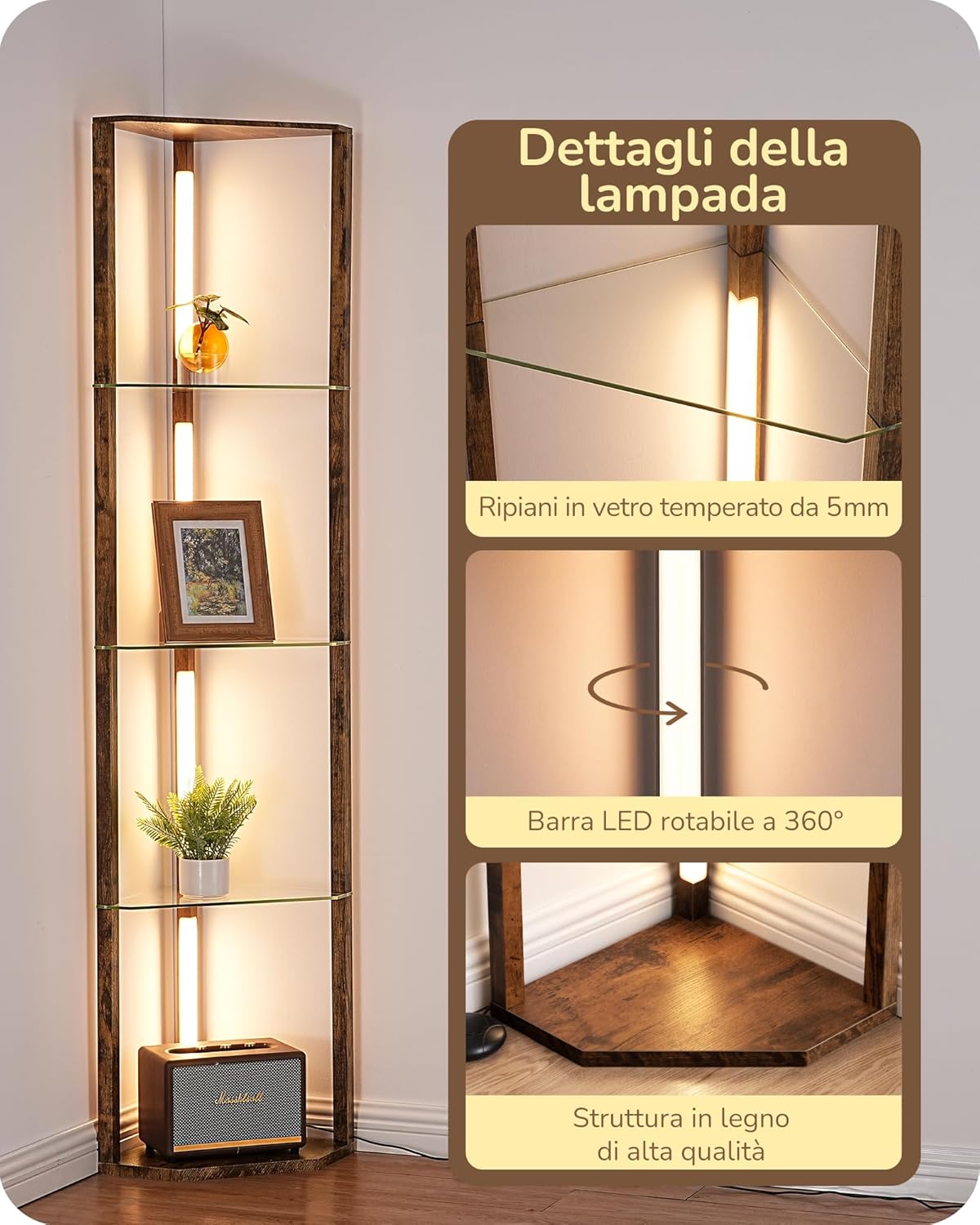 EDISHINE Lampada da Terra con Mensole in Vetro, Nera - immagine 8