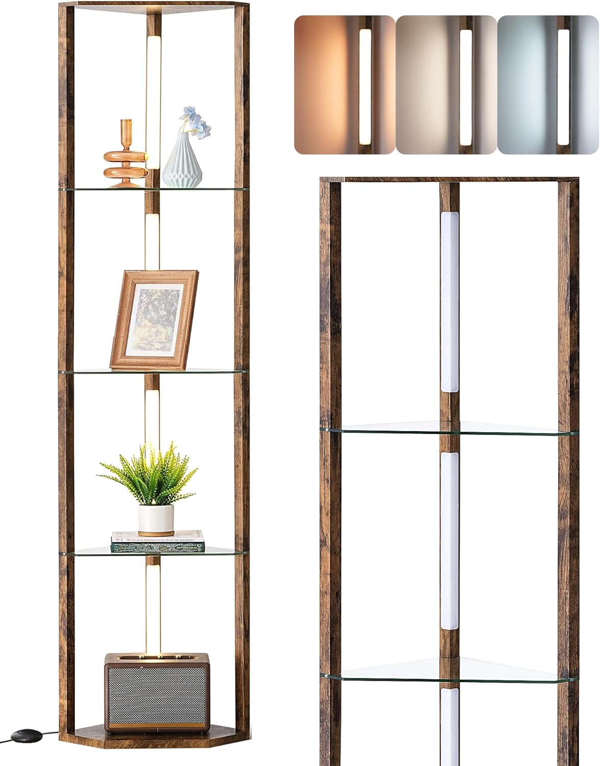 EDISHINE Lampada da Terra con Mensole in Vetro, Nera - immagine 9