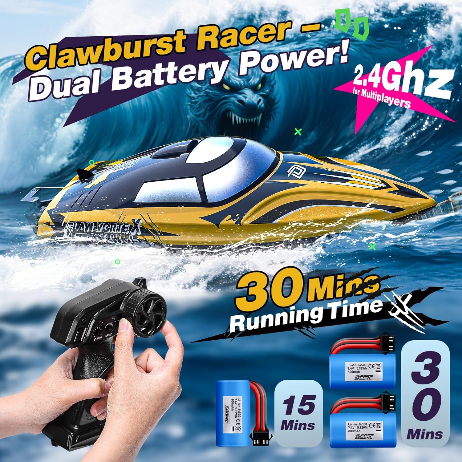 DEERC Barca RC Veloce 14" con LED 20+ MPH - immagine 2