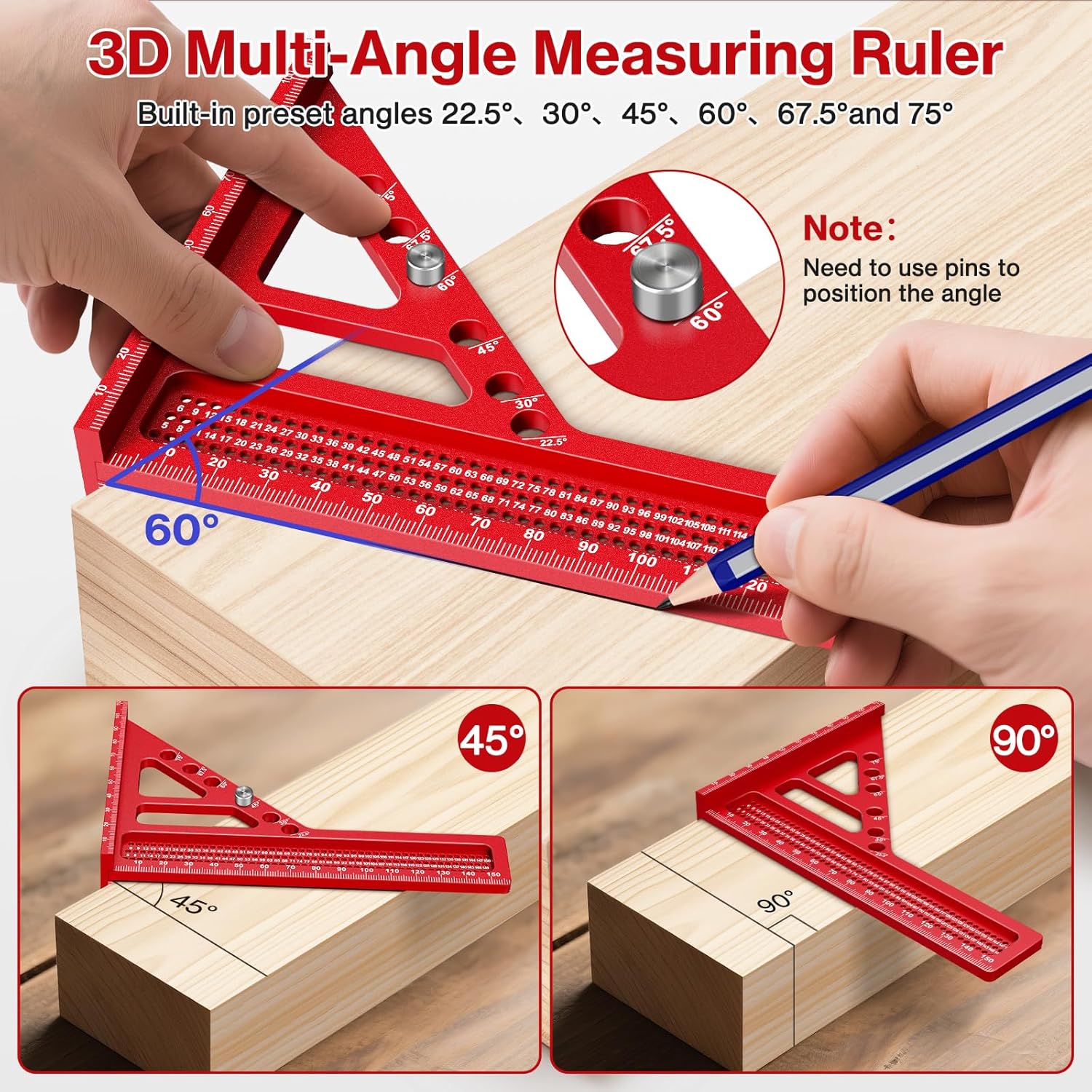 3D Squadra da Falegname con Matita e Blocco Fisso - immagine 4