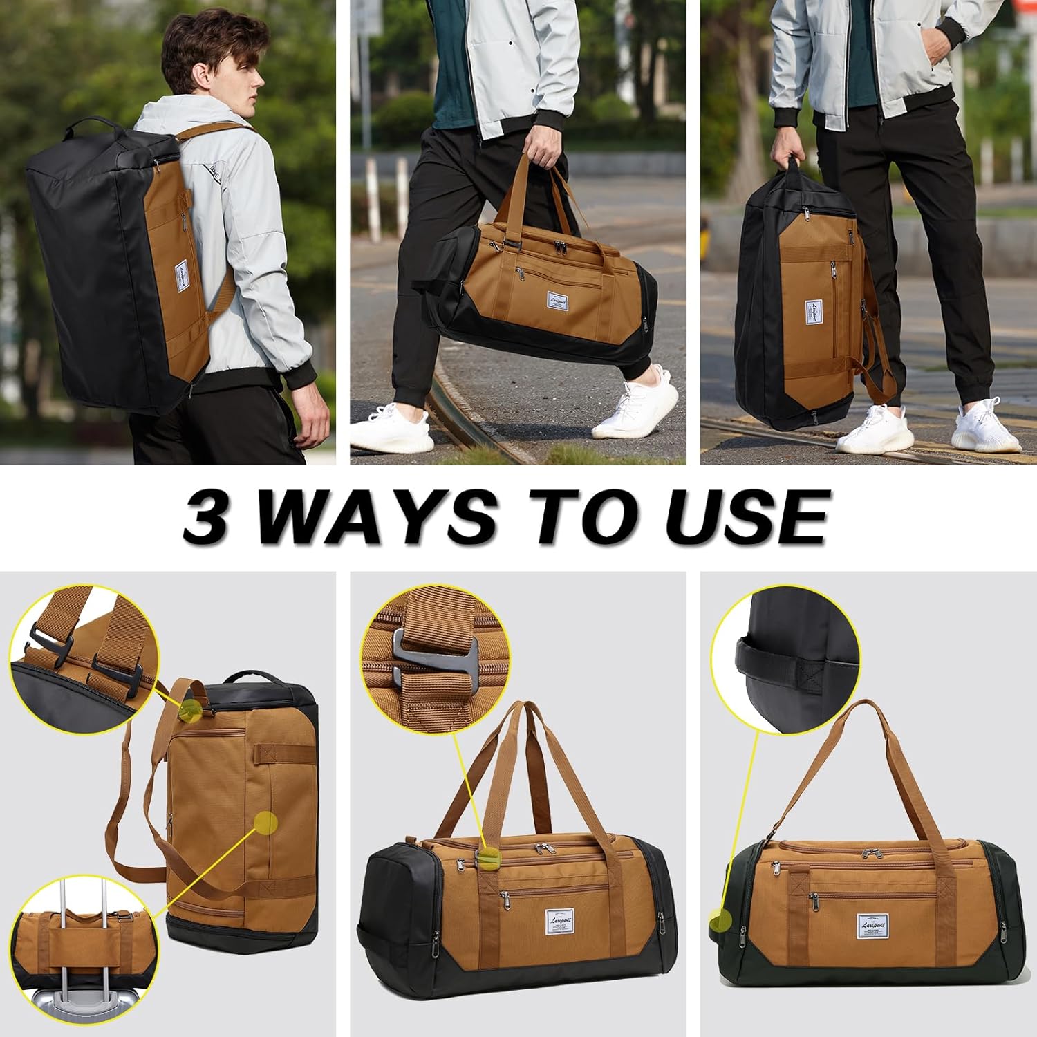 Laripwit Borsone da Viaggio Uomo 40L, Marrone - immagine 3