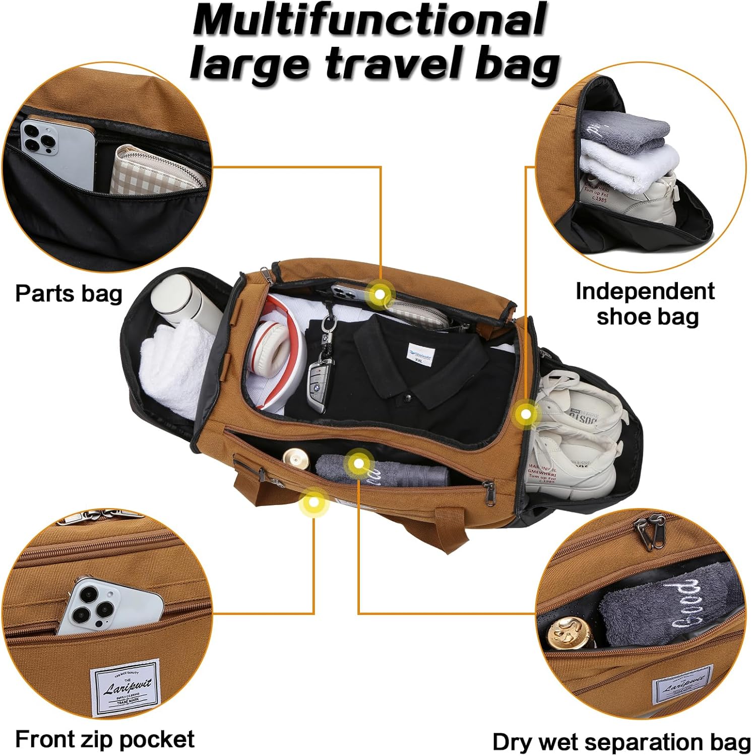 Laripwit Borsone da Viaggio Uomo 40L, Marrone - immagine 4