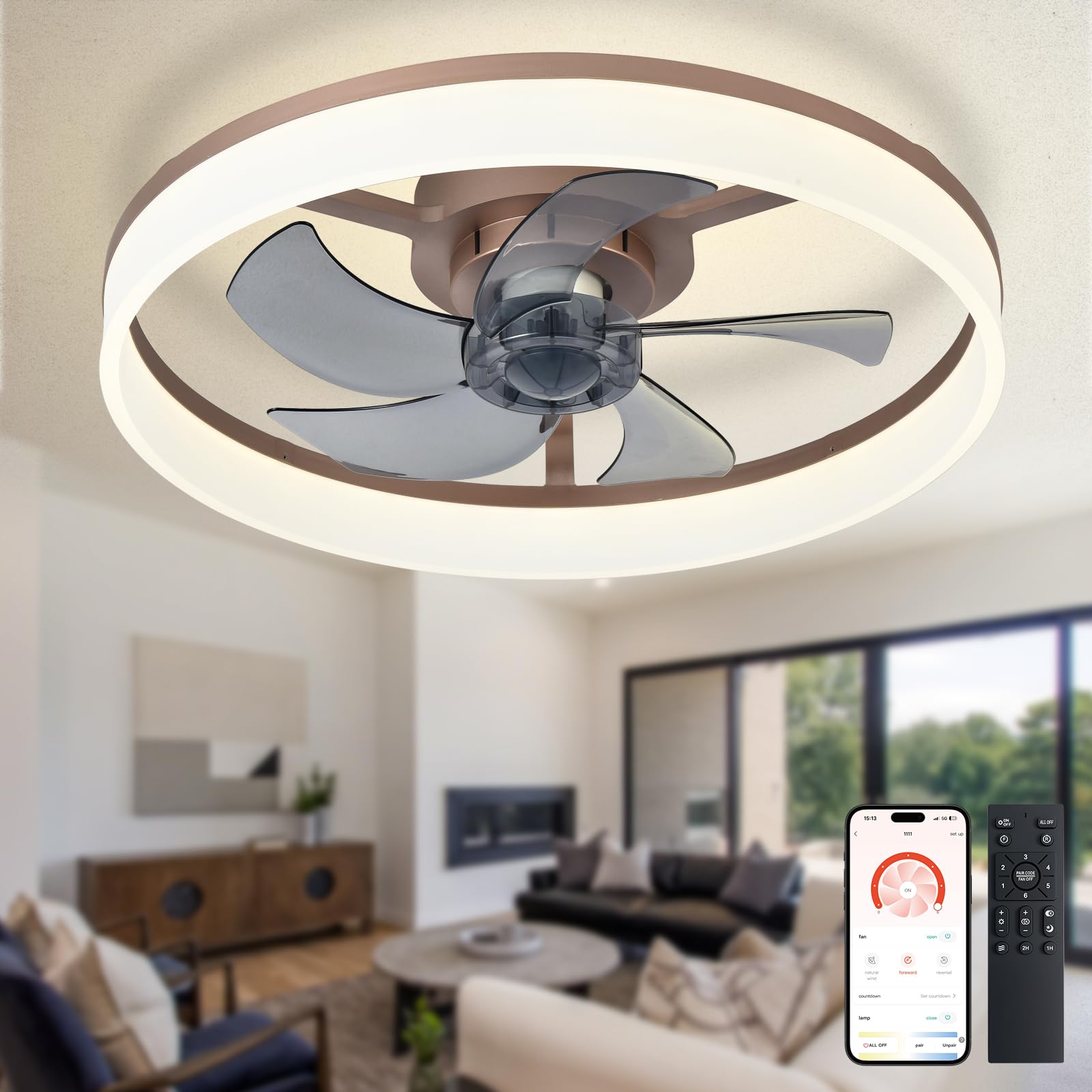 Depuley Ventilatore da soffitto a LED con luce: 20" Lampadario moderno con App & Telecomando - Lampada ventilatore marrone dimmerabile senza pale per camera da letto soggiorno
