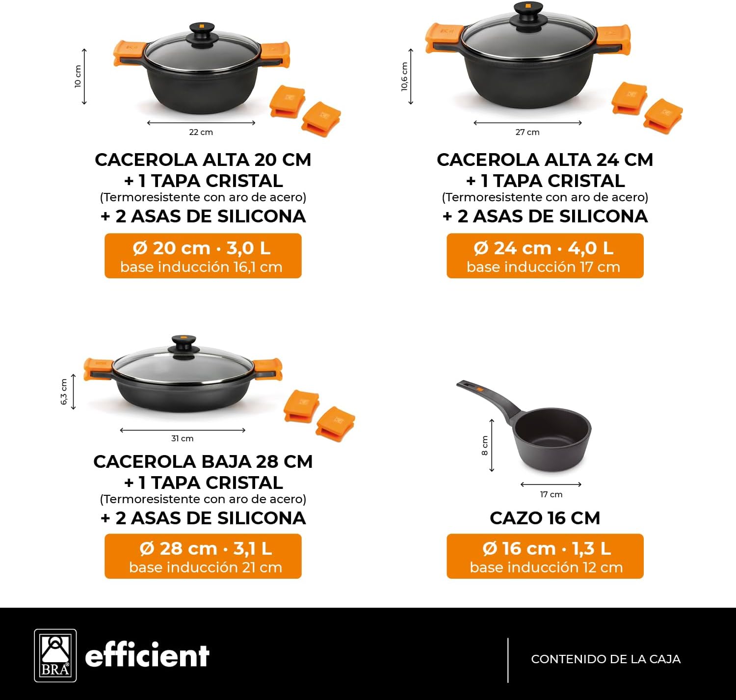 Bra Efficient - Batteria da Cucina 4 Pezzi, Nera - immagine 2