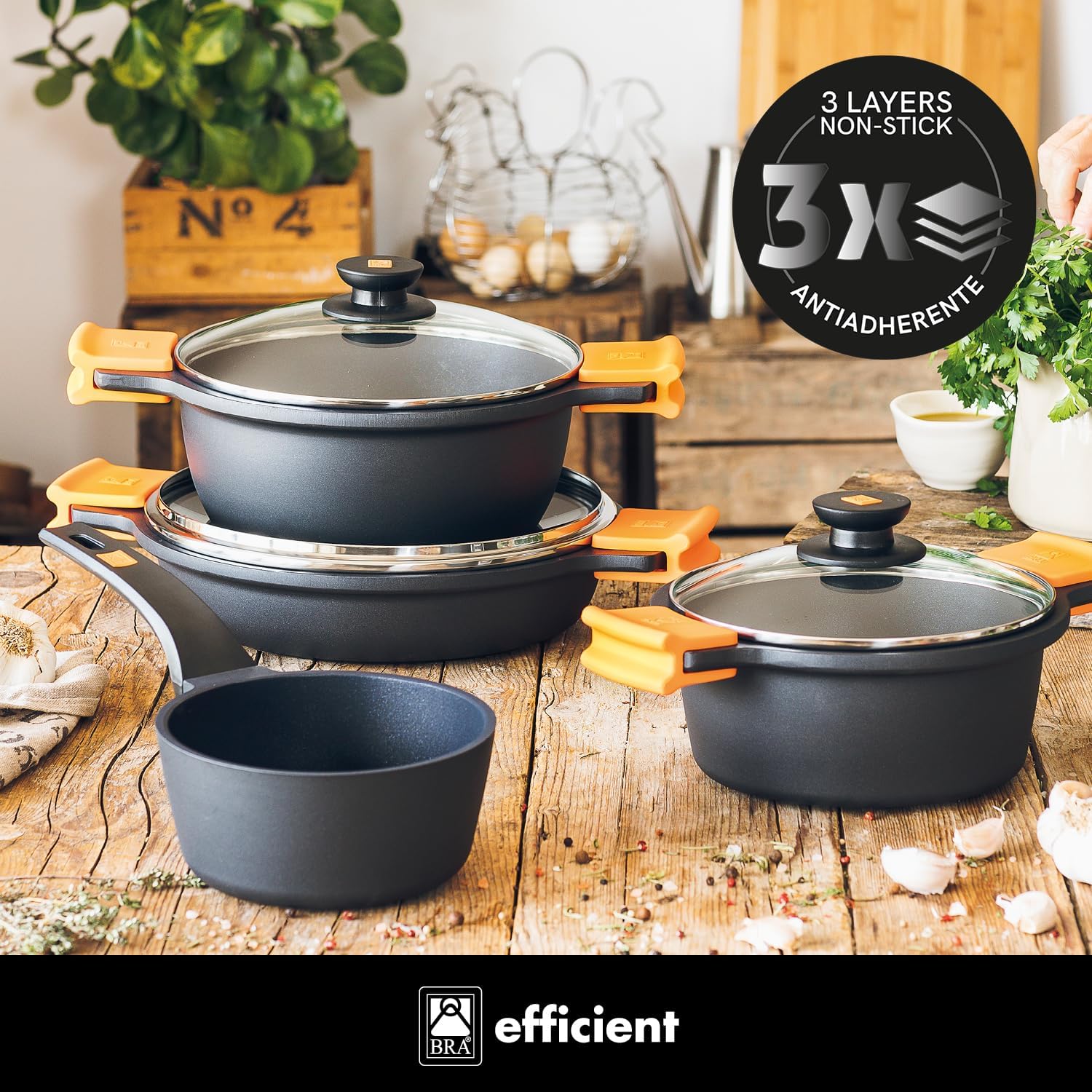 Bra Efficient - Batteria da Cucina 4 Pezzi, Nera - immagine 3