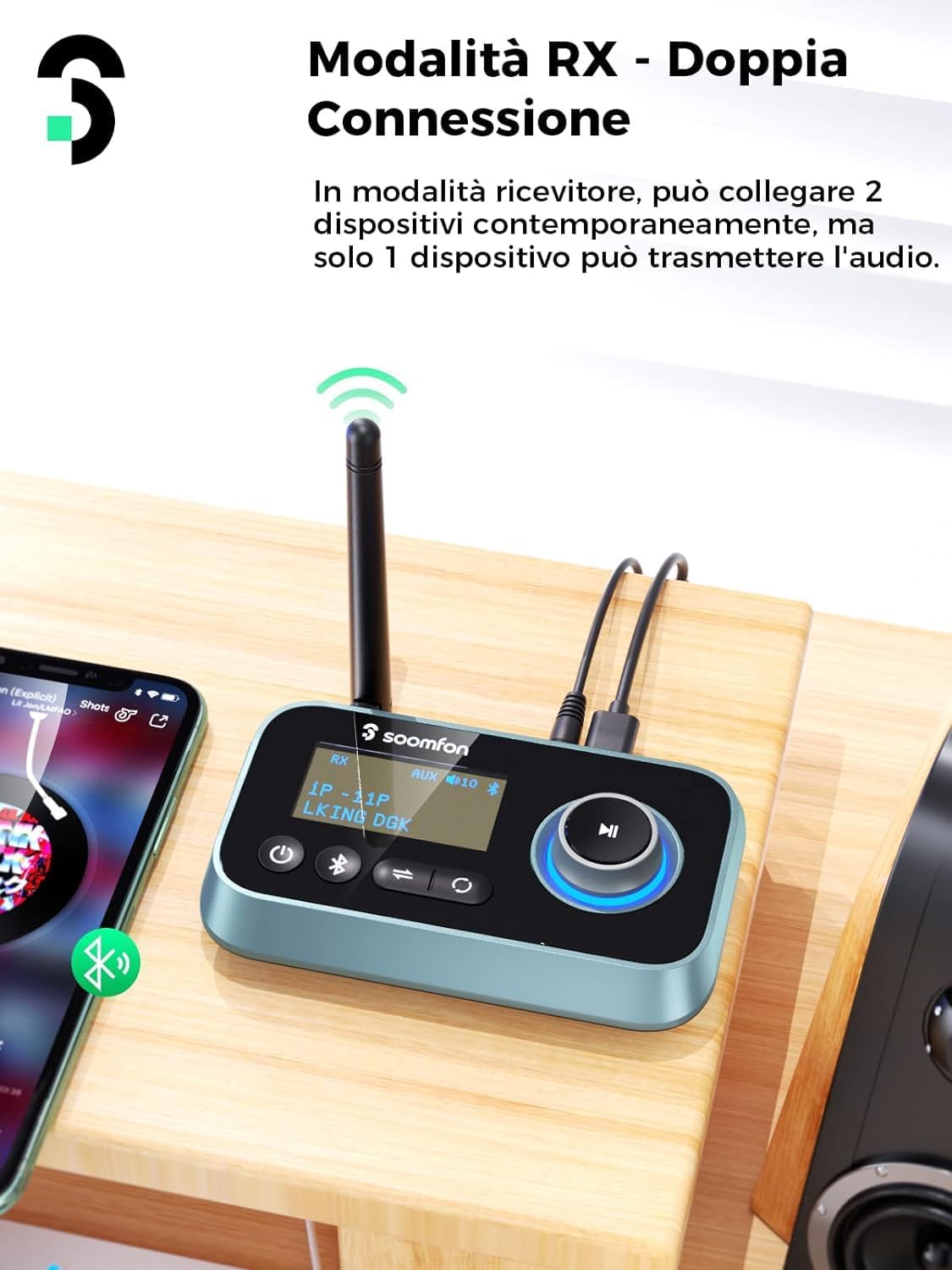 Soomfon Adattatore Audio Bluetooth 5.0 con LCD Display - immagine 2