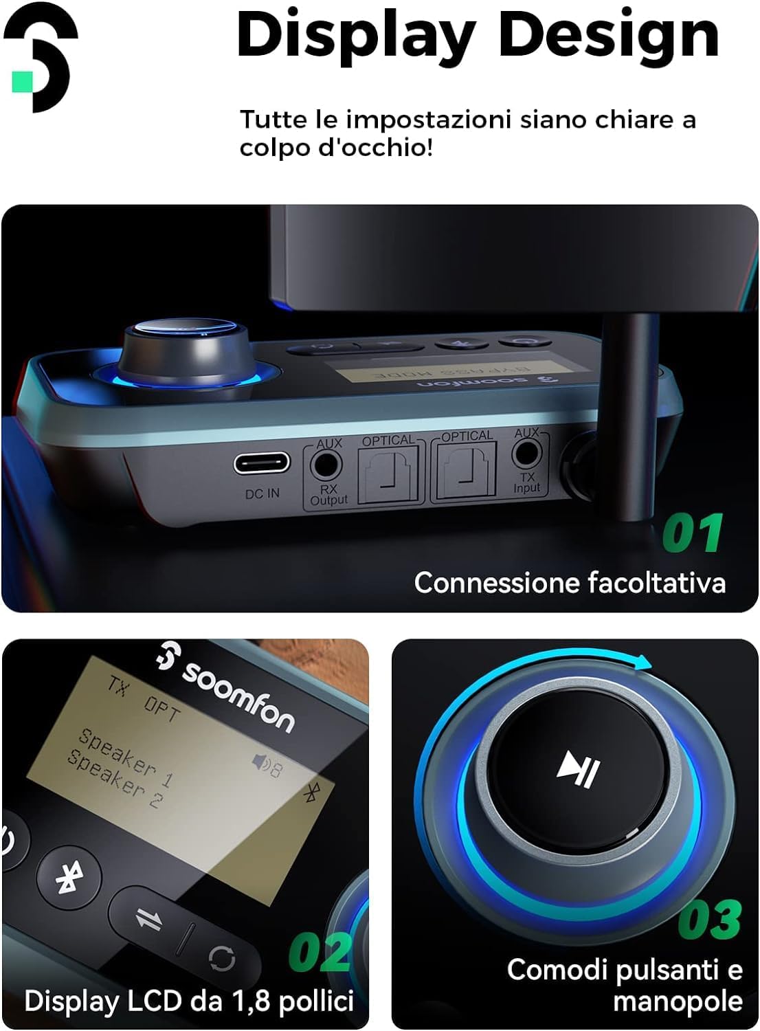 Soomfon Adattatore Audio Bluetooth 5.0 con LCD Display - immagine 5