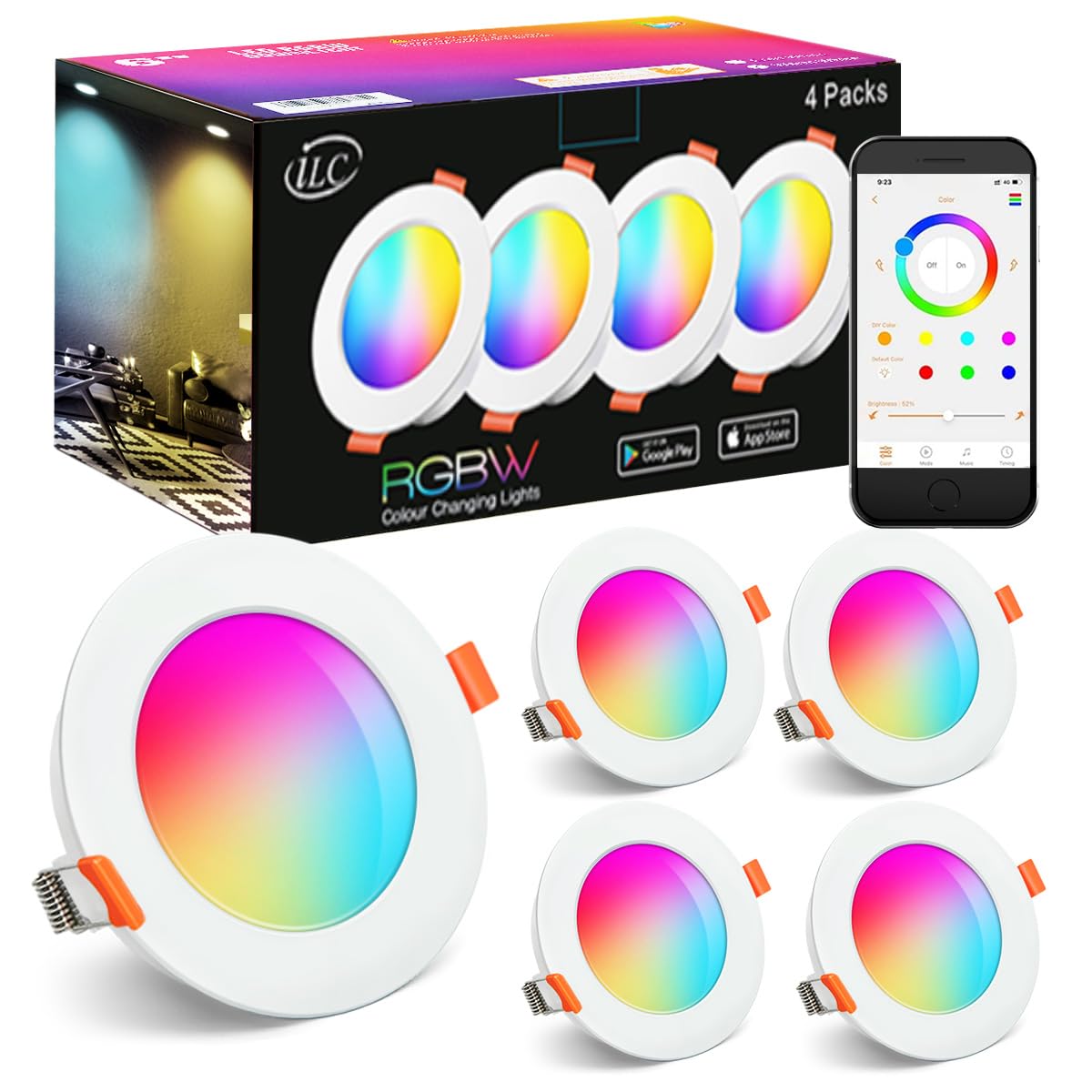 Ilc Faretti LED da Incasso 8W RGBW per Cartongesso, 4 Pezzi